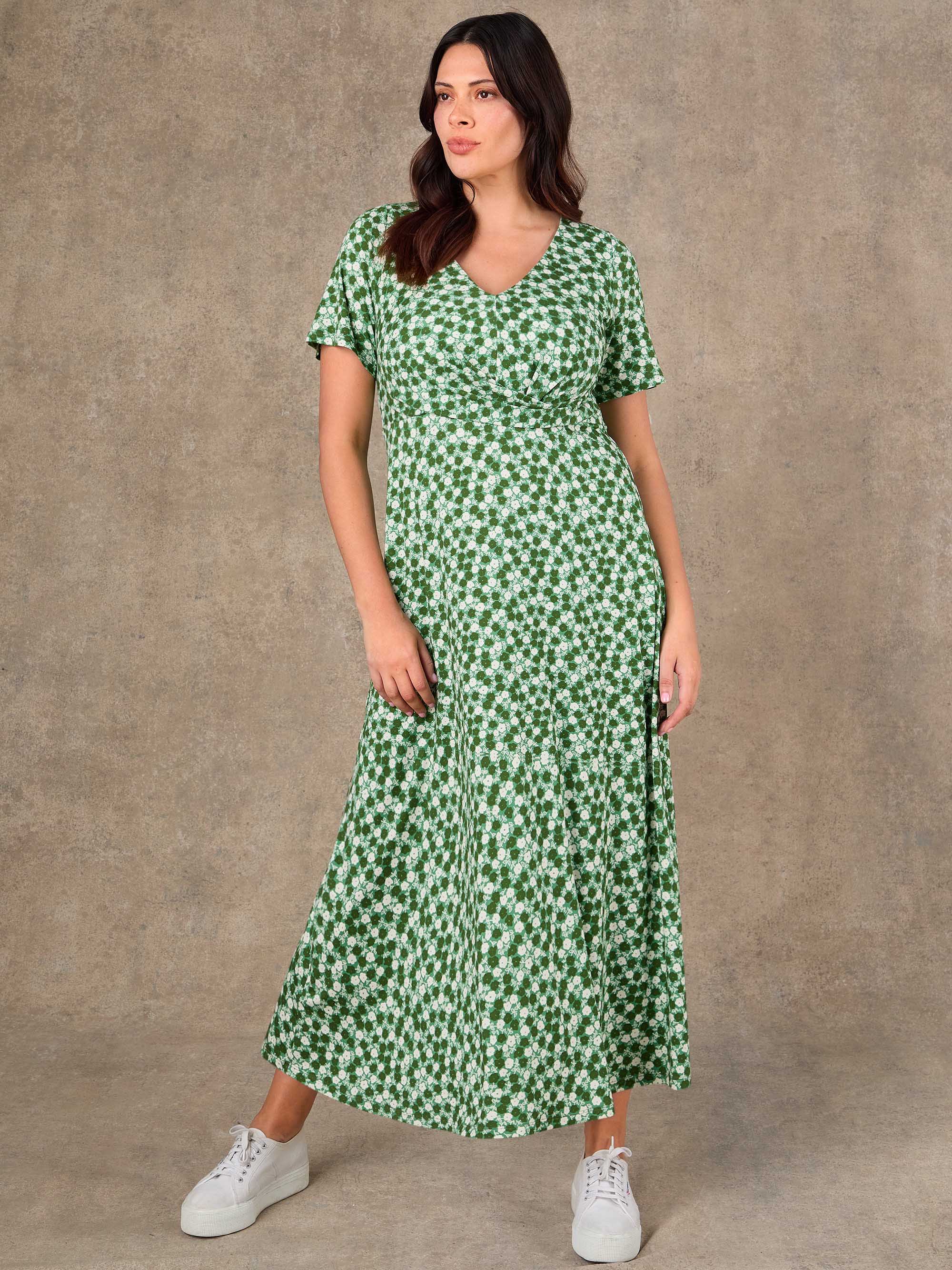 Green Ditsy Twist Wrap Jersey Midaxi Dress - Image 5