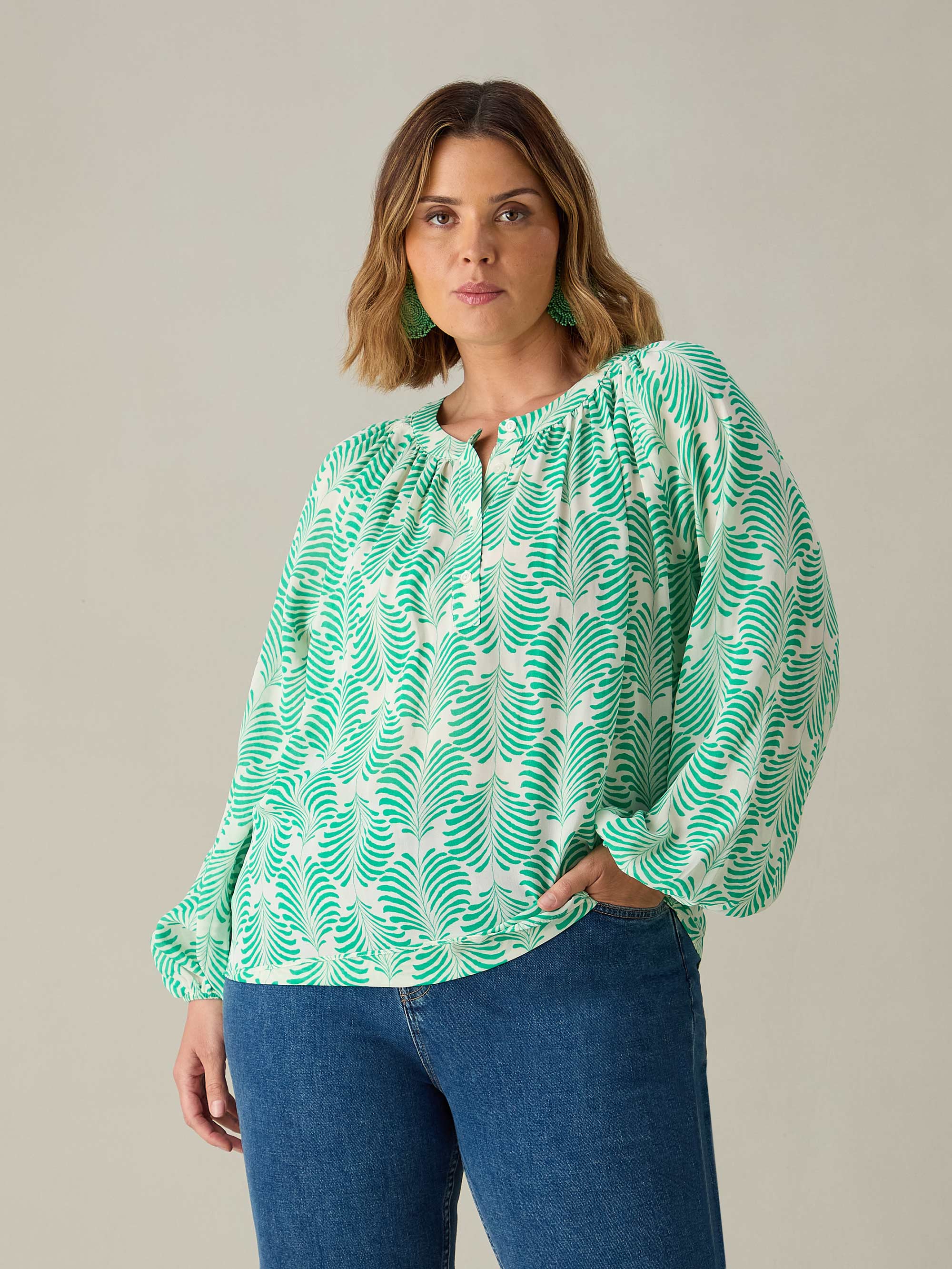 Green Feather Print Blouse - Image 2