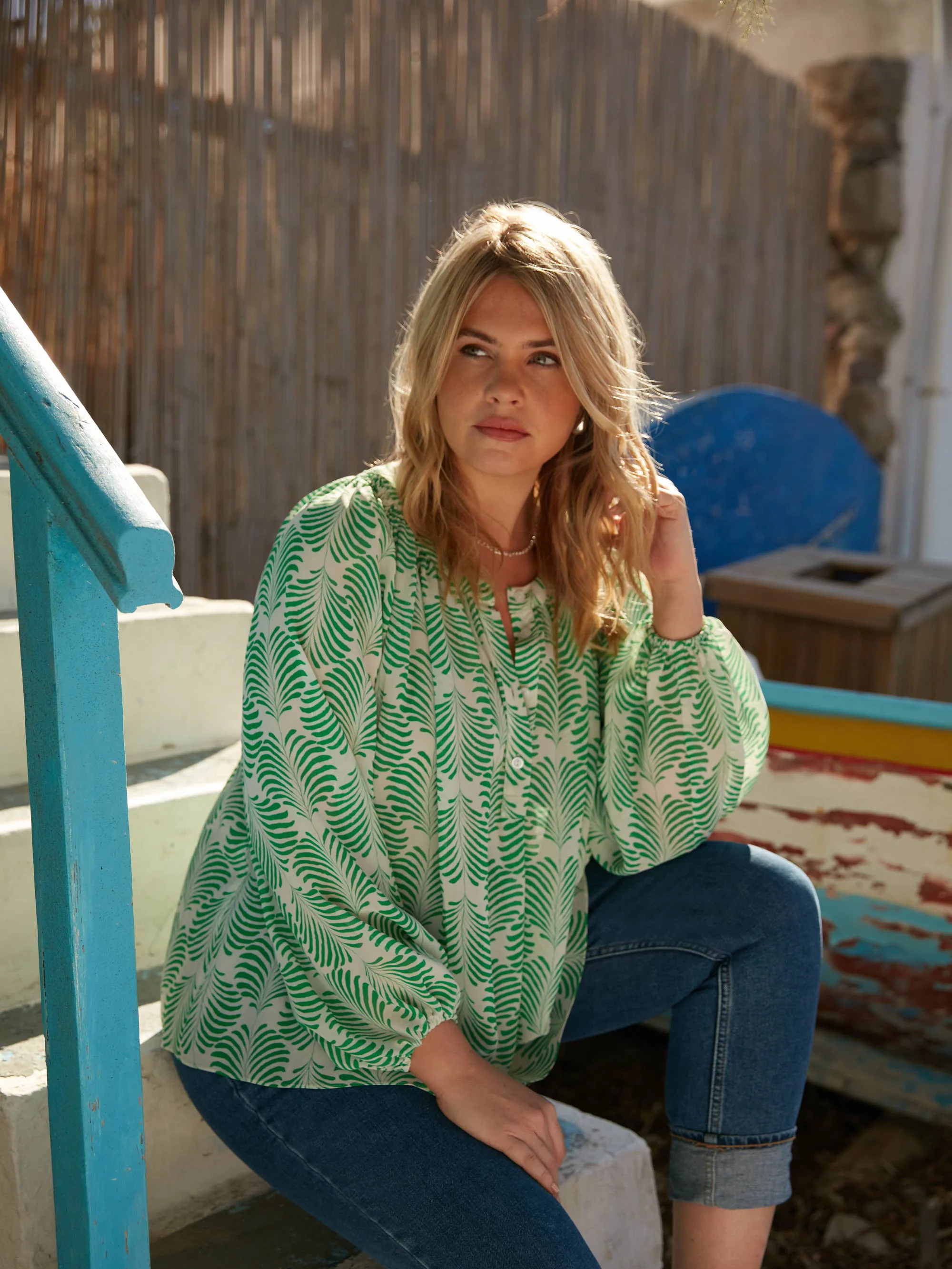 Green Feather Print Blouse - Image 3