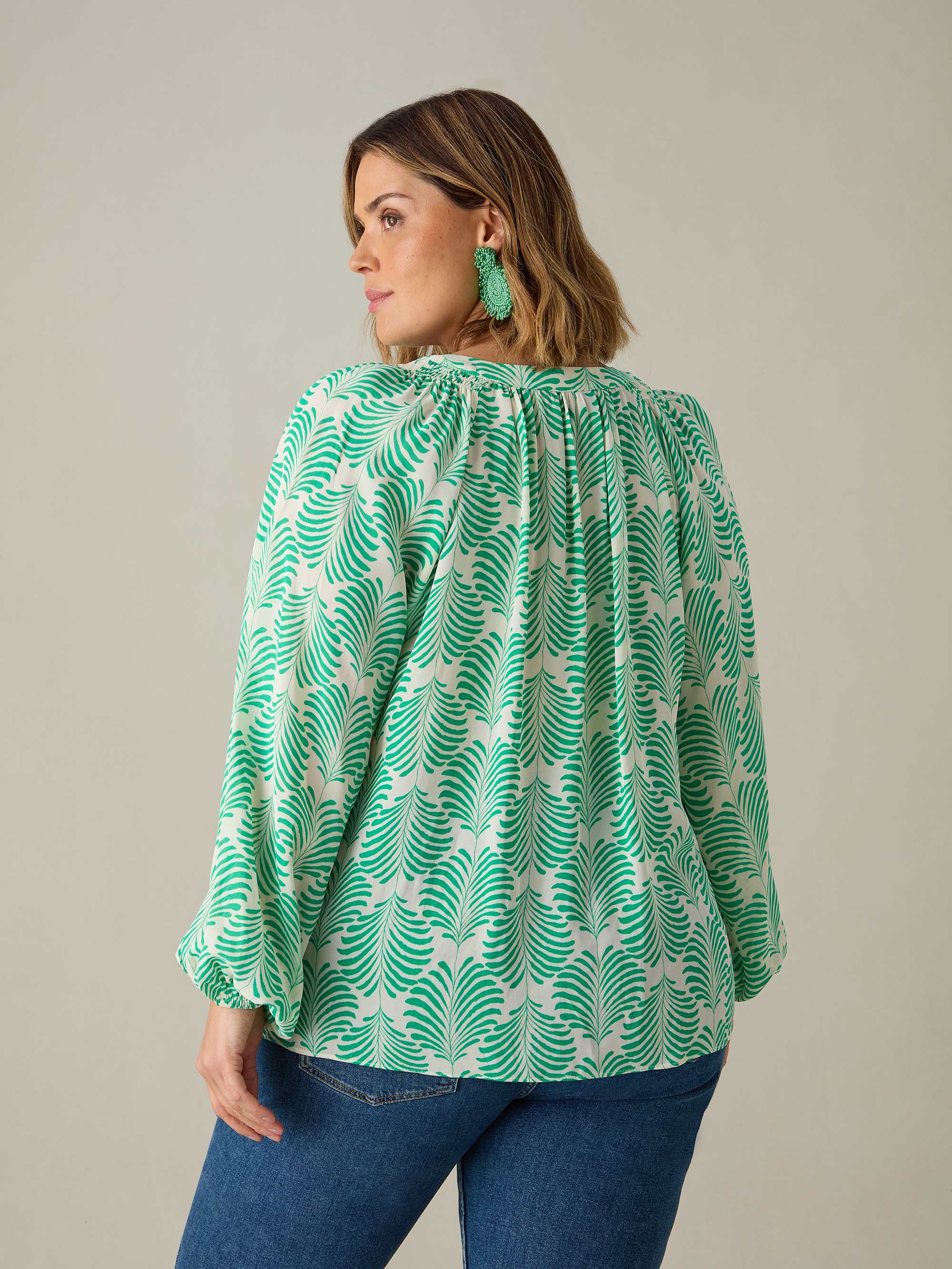 Green Feather Print Blouse - Image 6