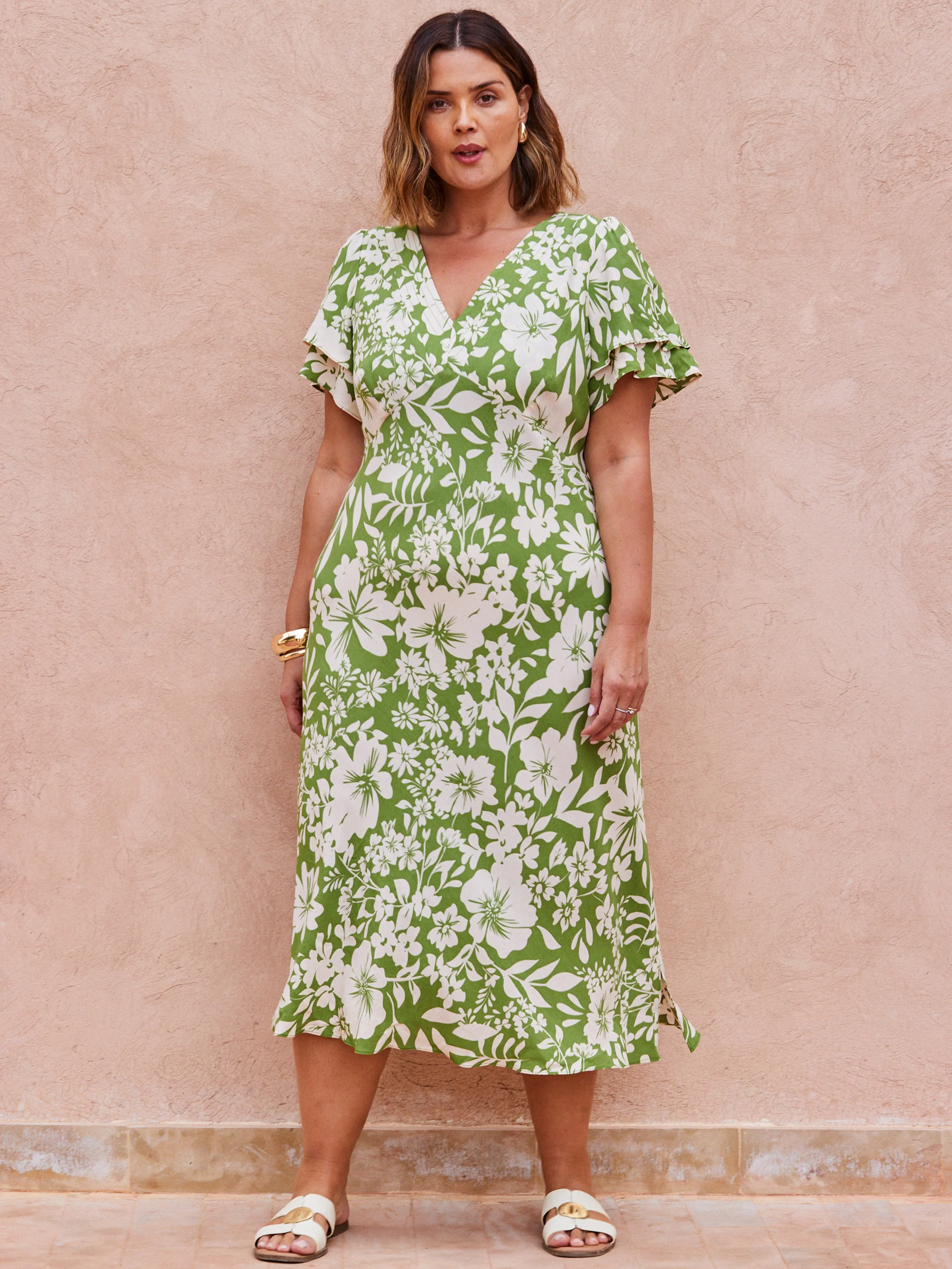 Green Floral Flutter Sleeve Dress - Image 5