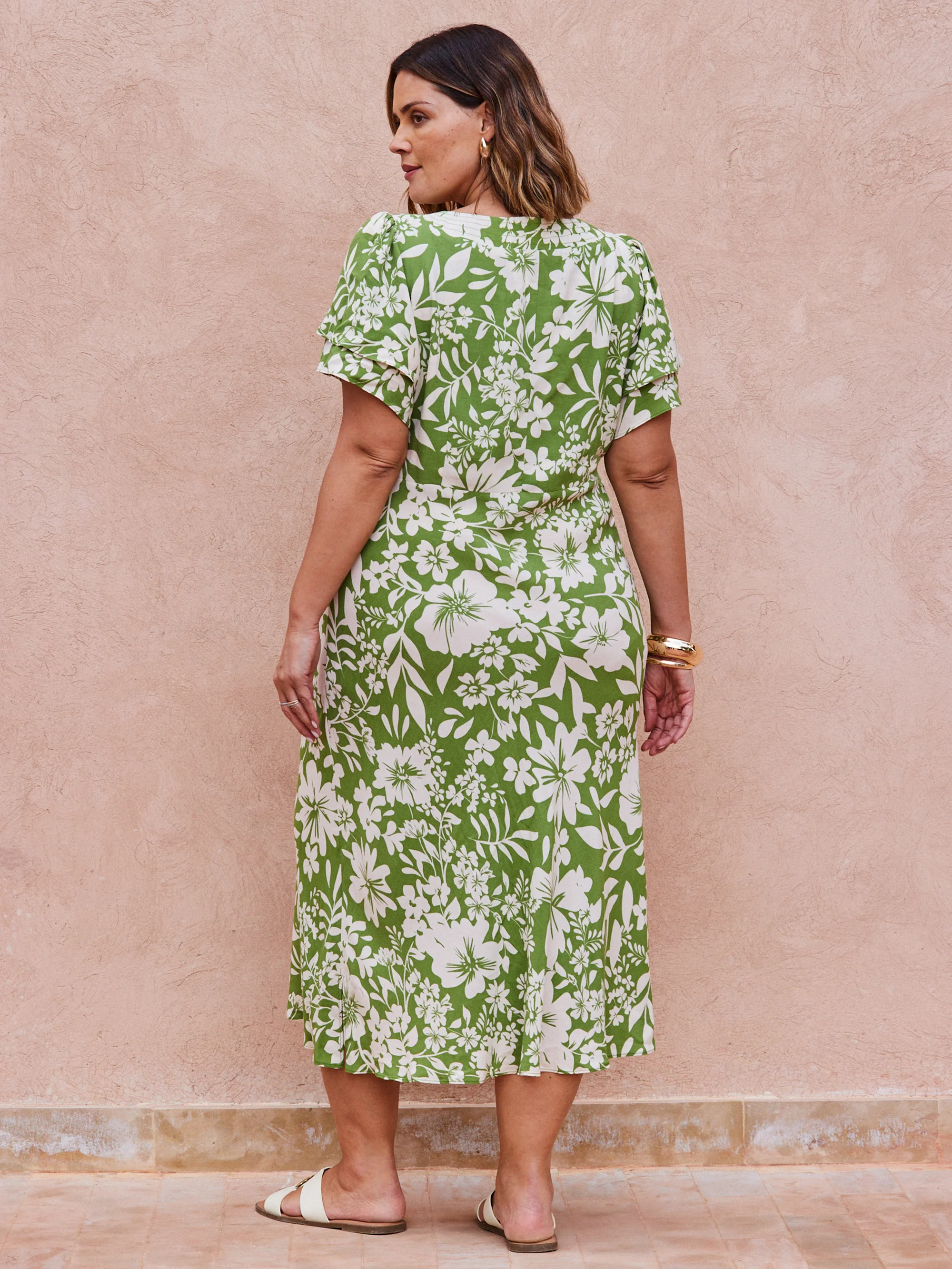 Green Floral Flutter Sleeve Dress - Image 6