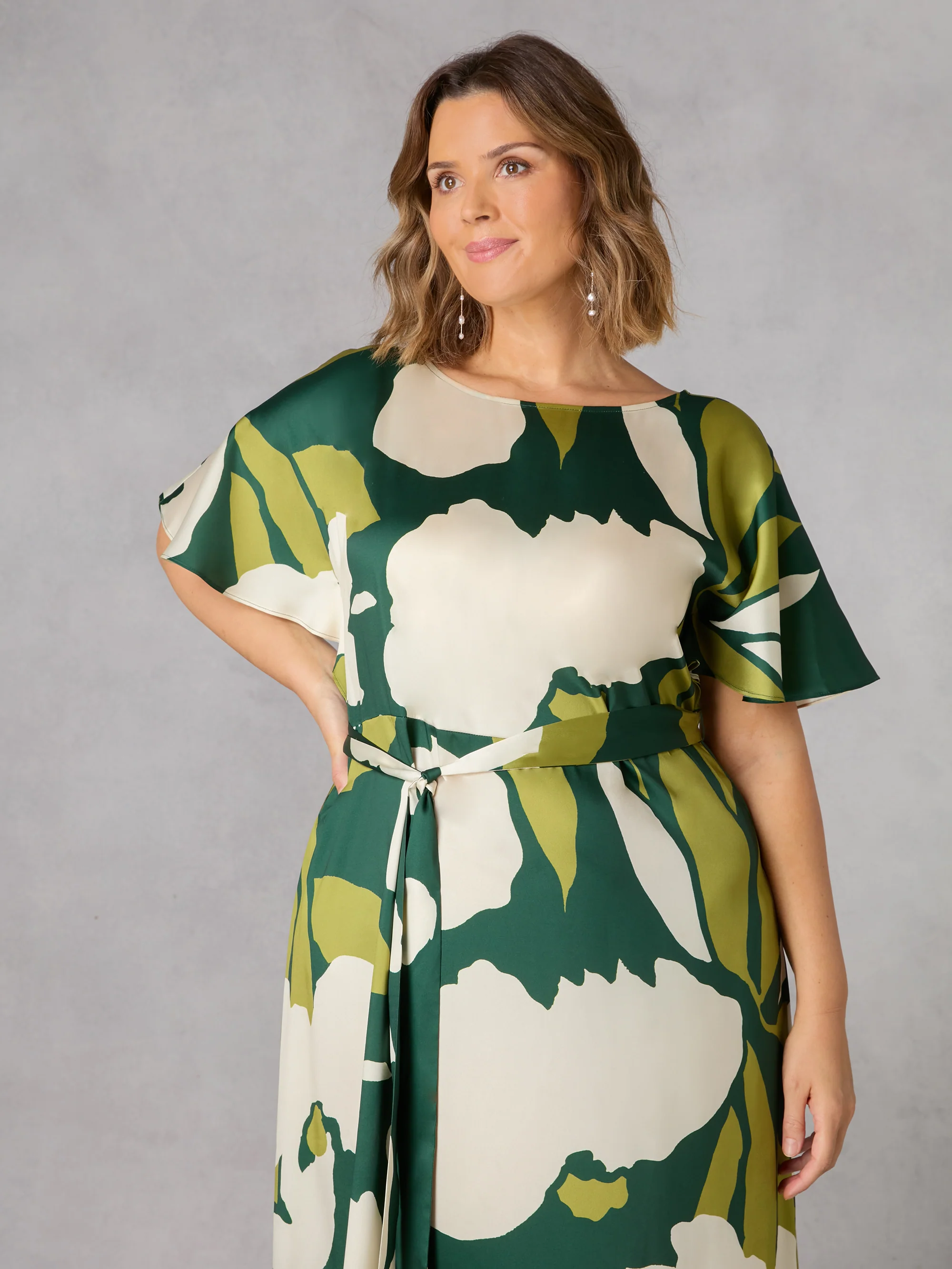 Green Floral Kimono Style Belted Dress - Image 3