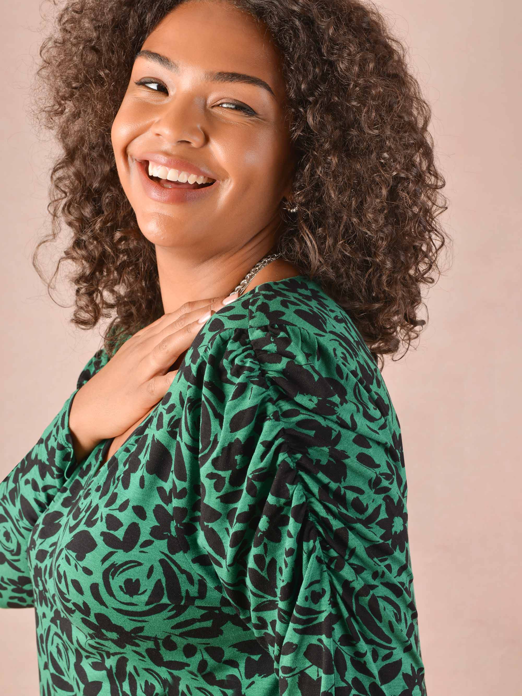 Green Floral Print Gathered Sleeve Jersey Top - Image 2