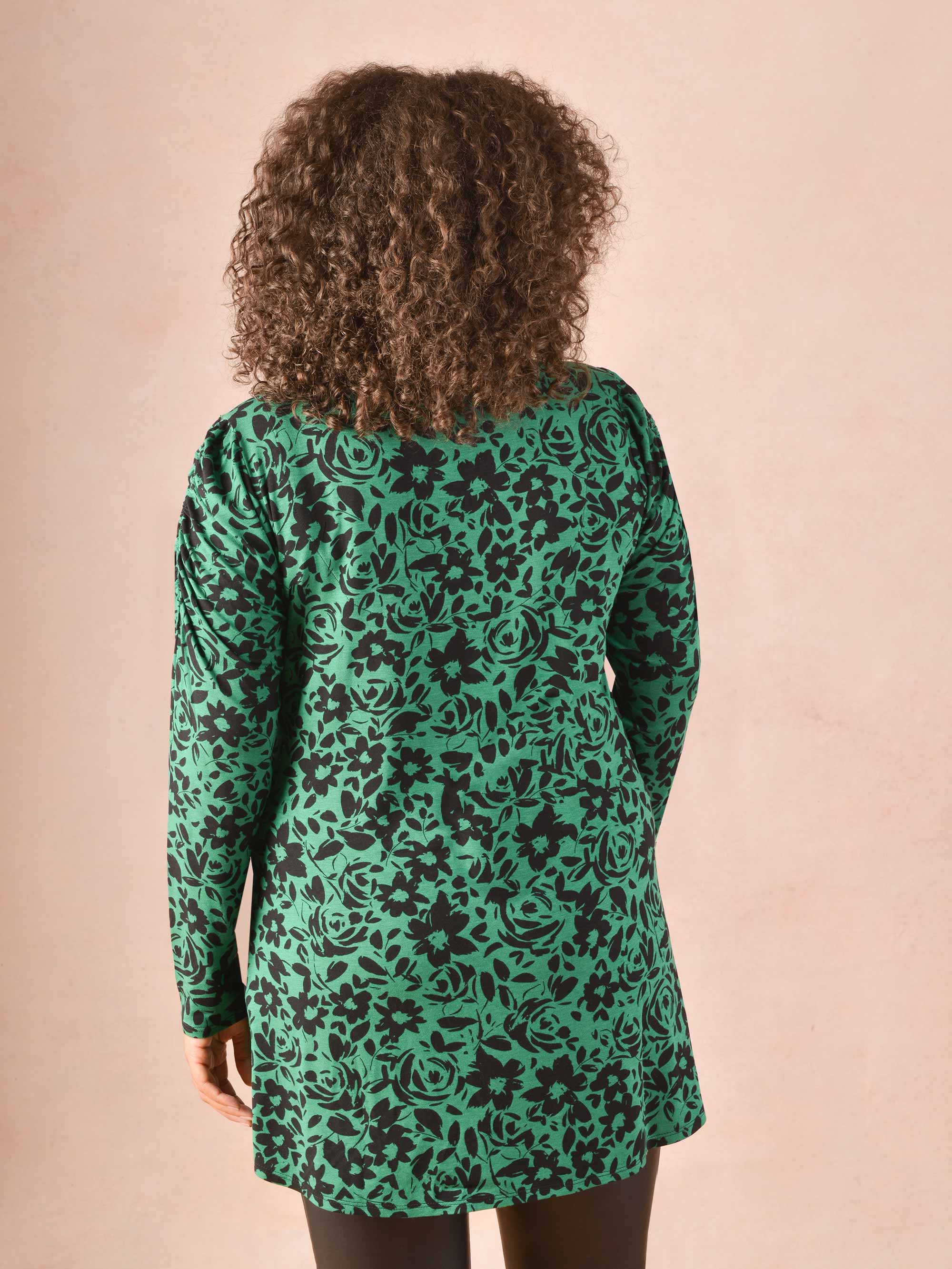 Green Floral Print Gathered Sleeve Jersey Top - Image 3