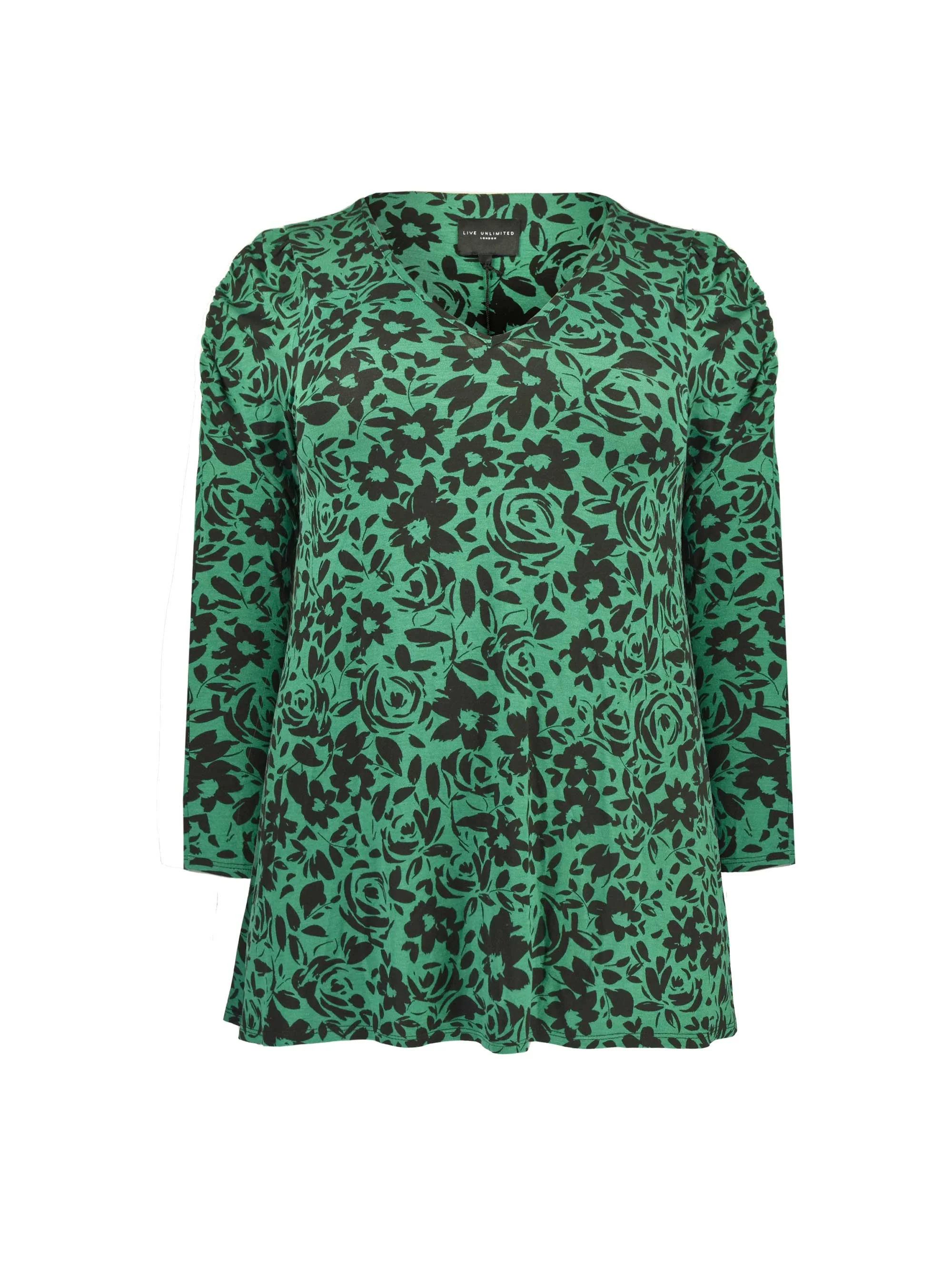 Green Floral Print Gathered Sleeve Jersey Top - Image 4