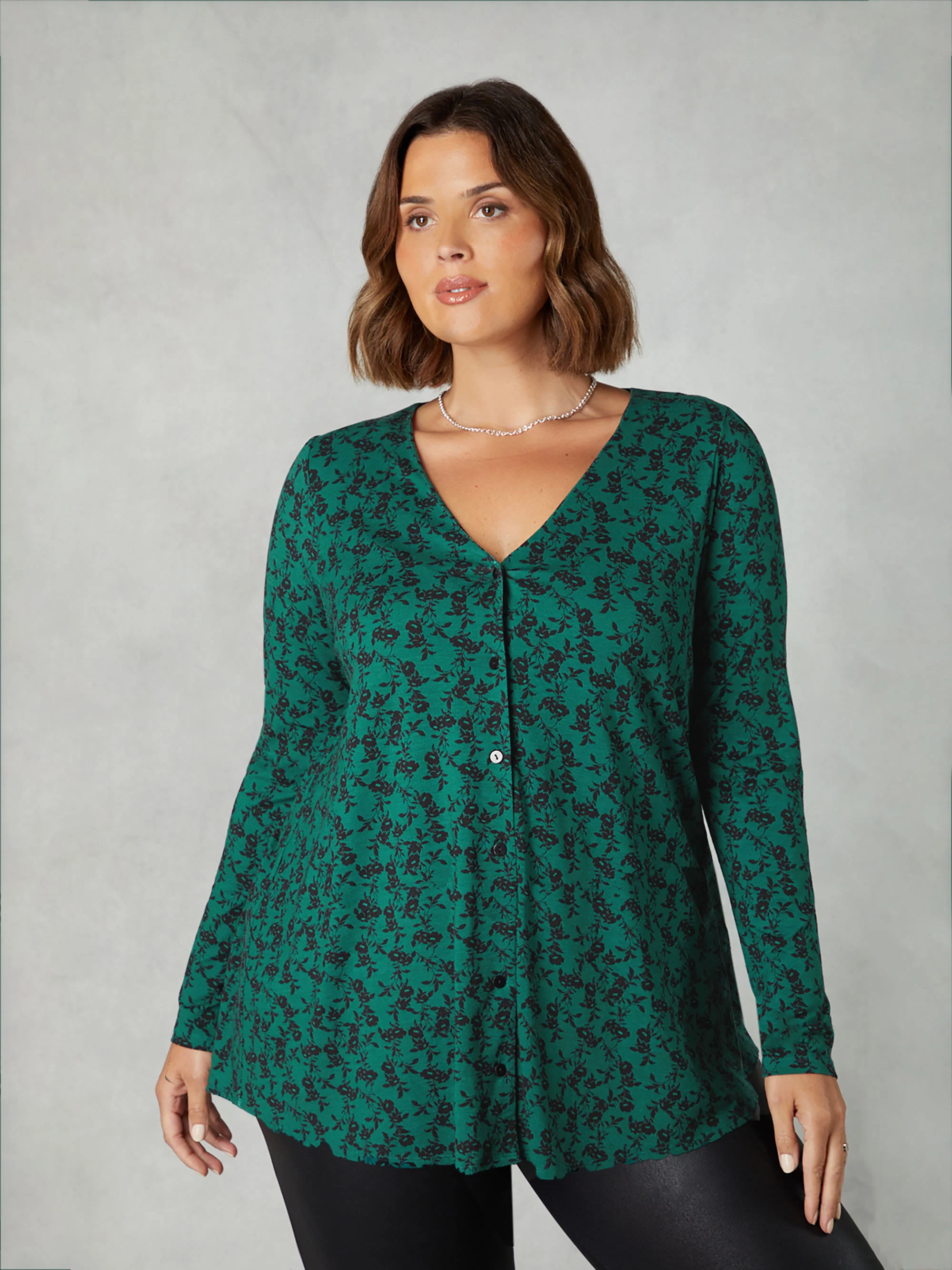 Green Floral Print Jersey Button Through Shirt - Image 3