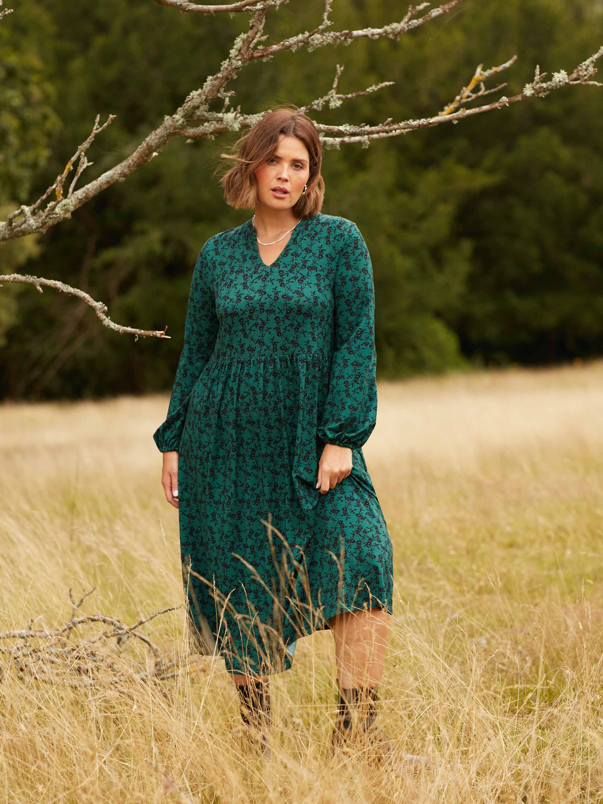 Green Floral Print Jersey Nehru Collar Relaxed Dress - Image 2