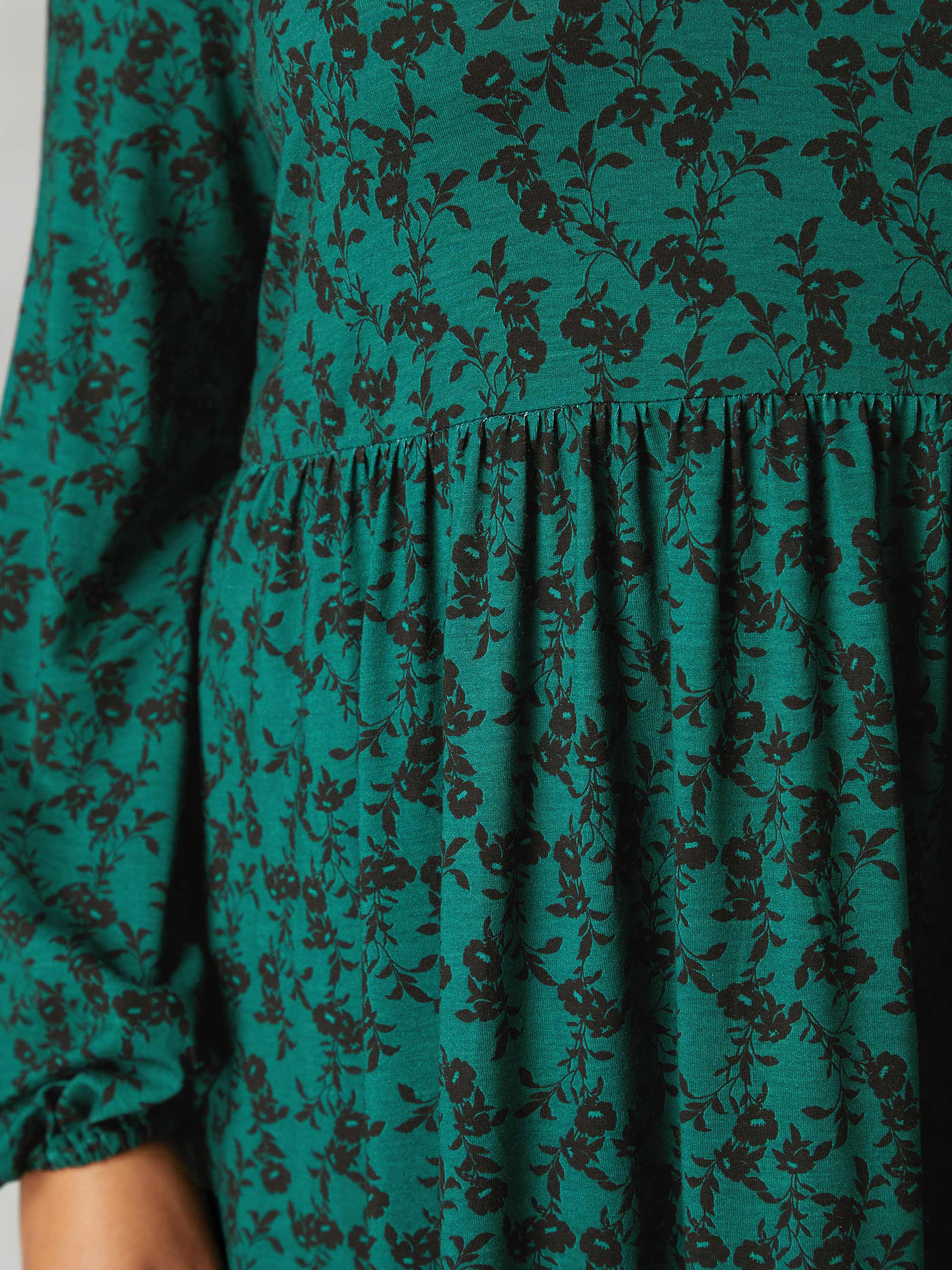 Green Floral Print Jersey Nehru Collar Relaxed Dress - Image 6