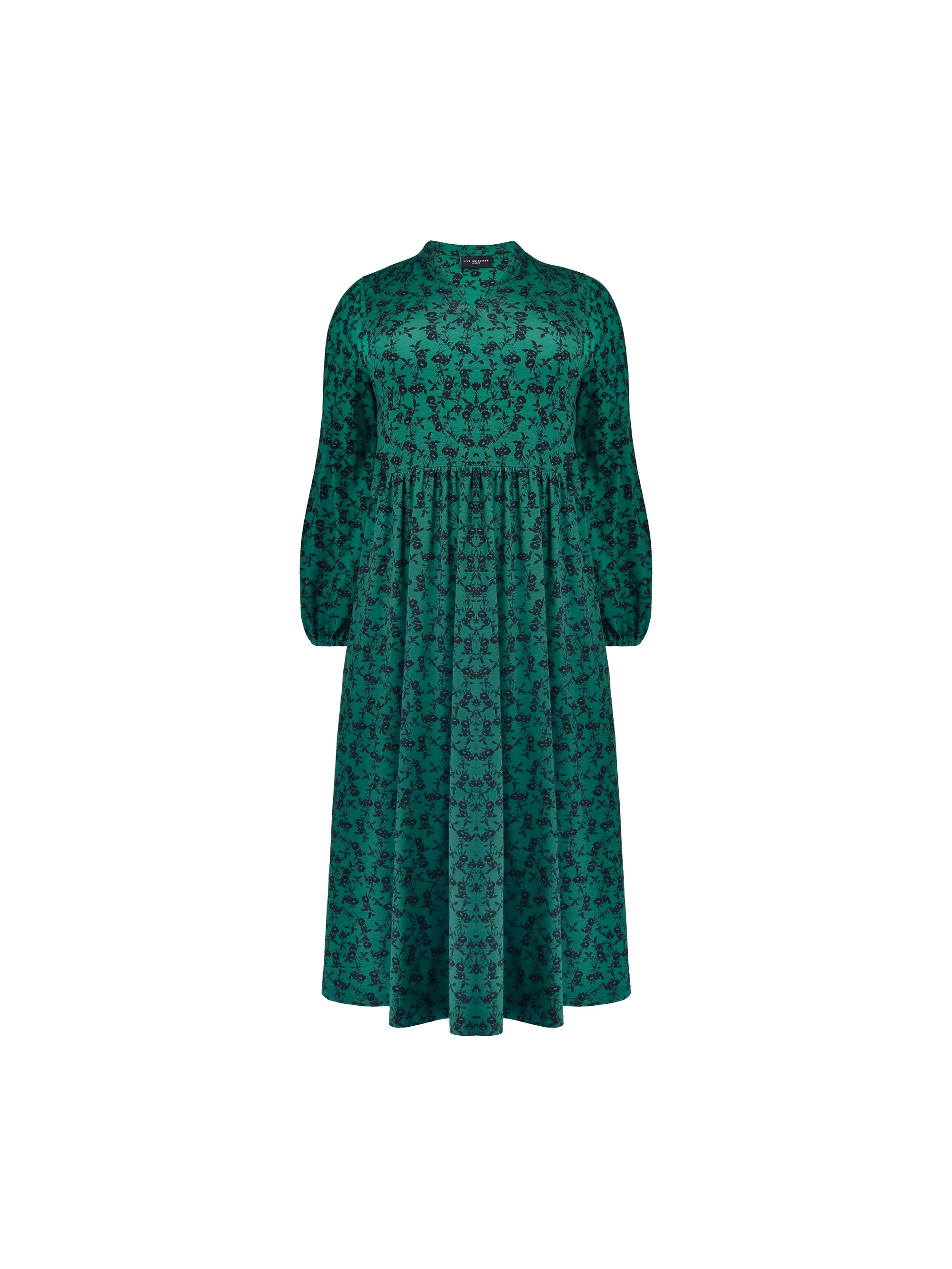 Green Floral Print Jersey Nehru Collar Relaxed Dress - Image 8