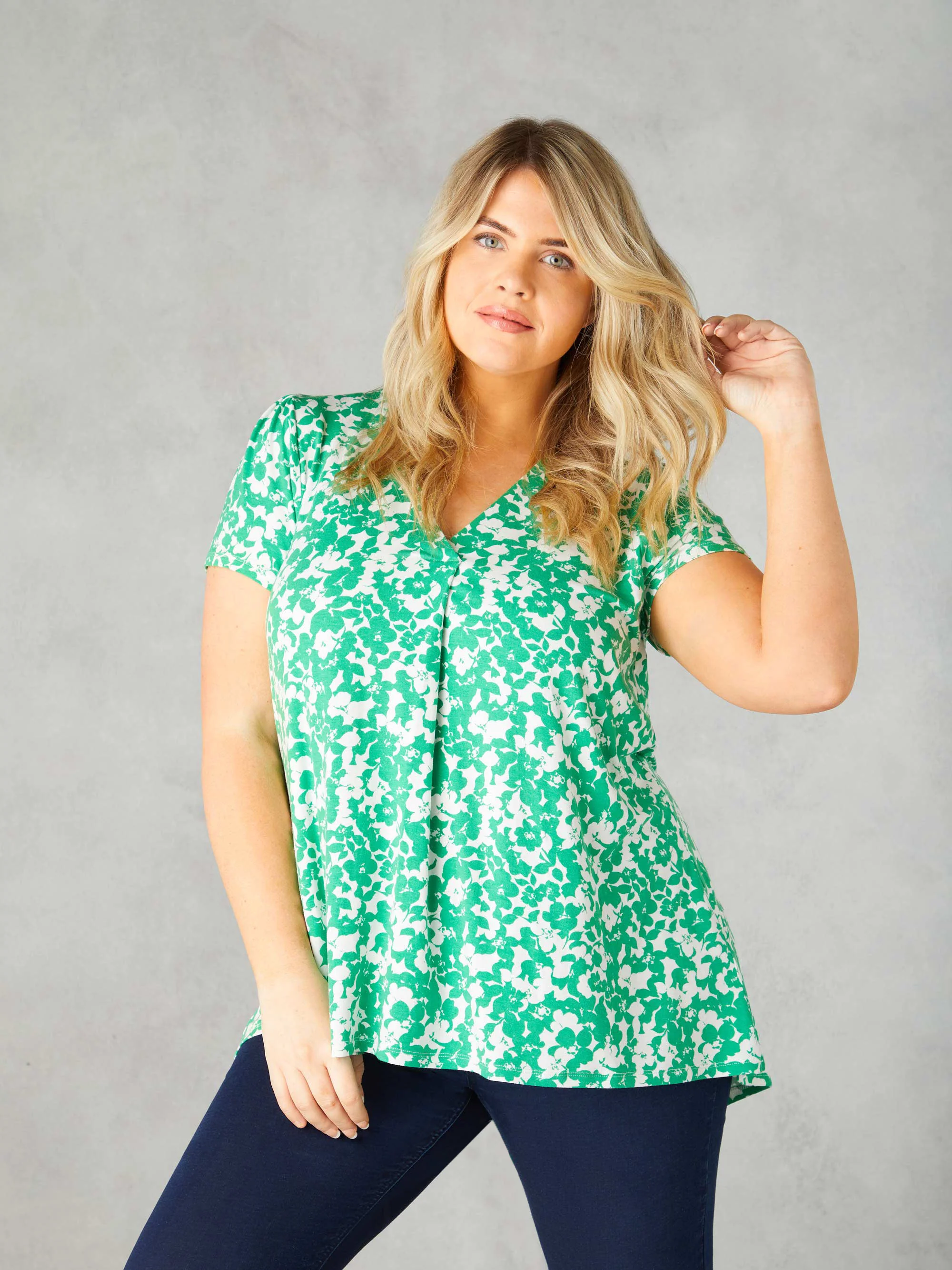 Green Floral Print Jersey Pleat Front Top - Image 3