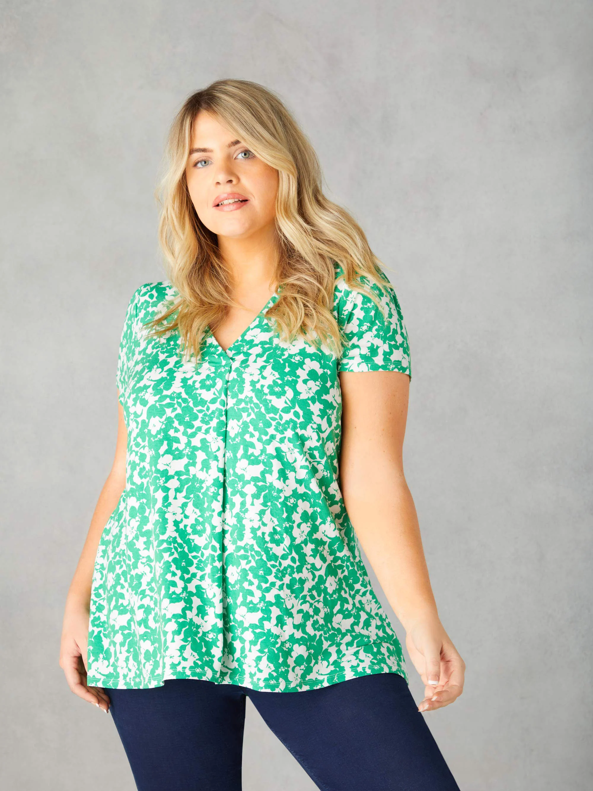 Green Floral Print Jersey Pleat Front Top - Image 6