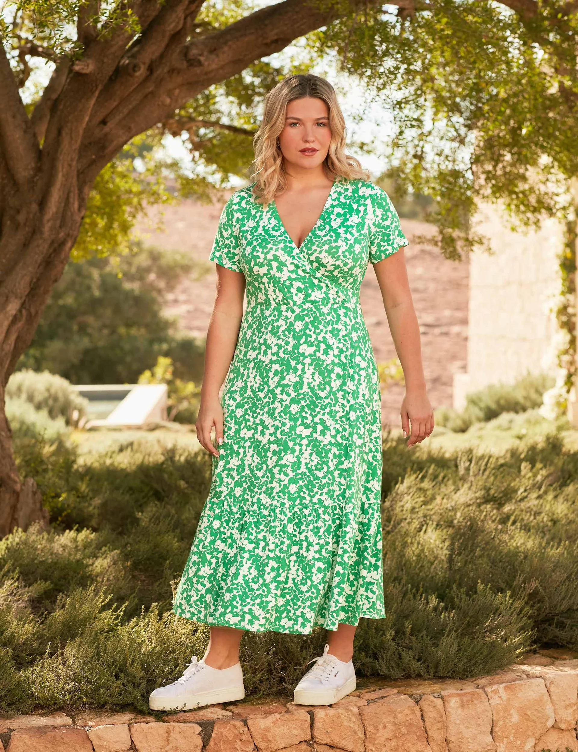 Green Floral Print Jersey Wrap Dress - Image 2