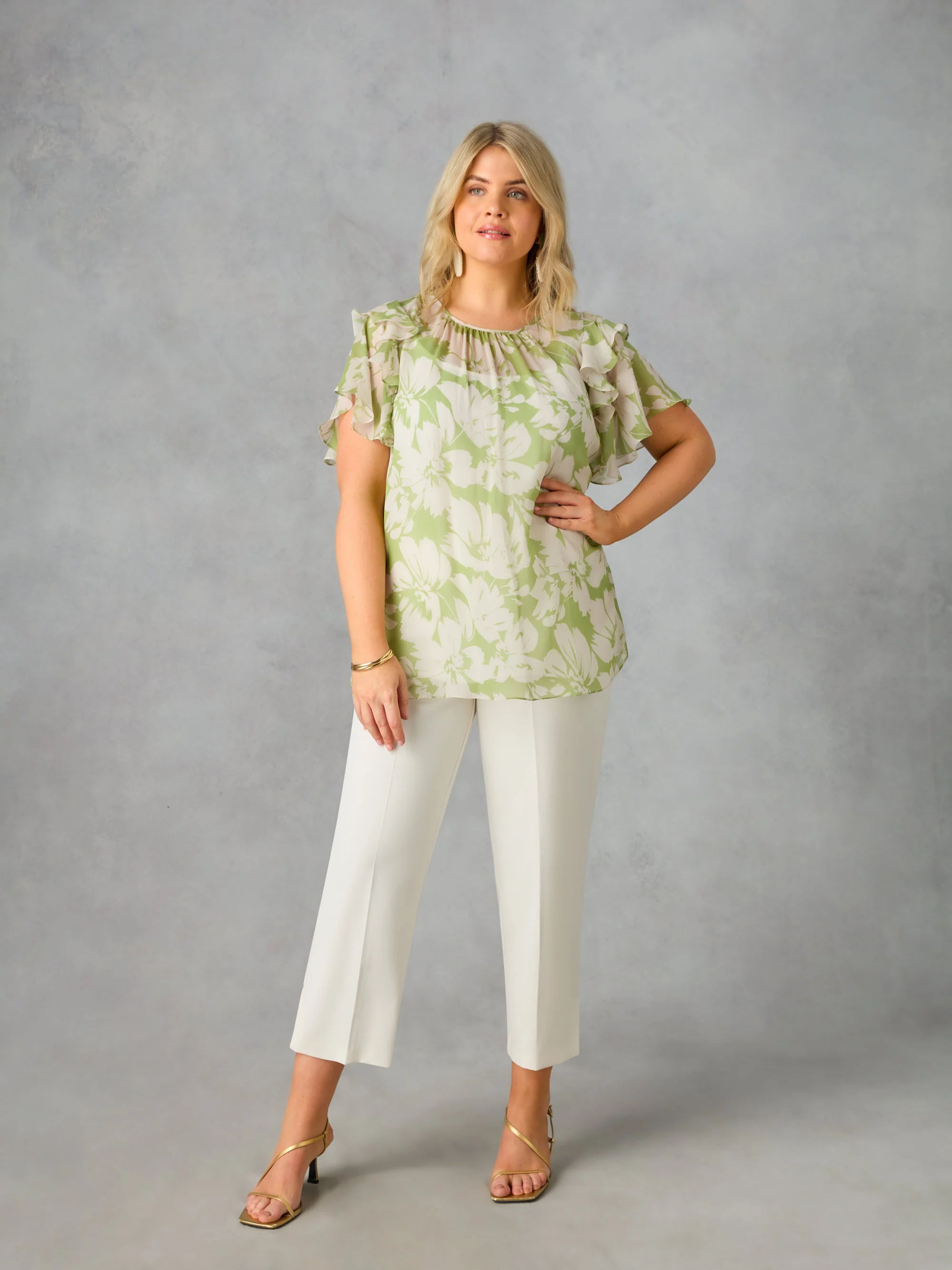 Green Floral Ruffle Sleeve Blouse - Image 3