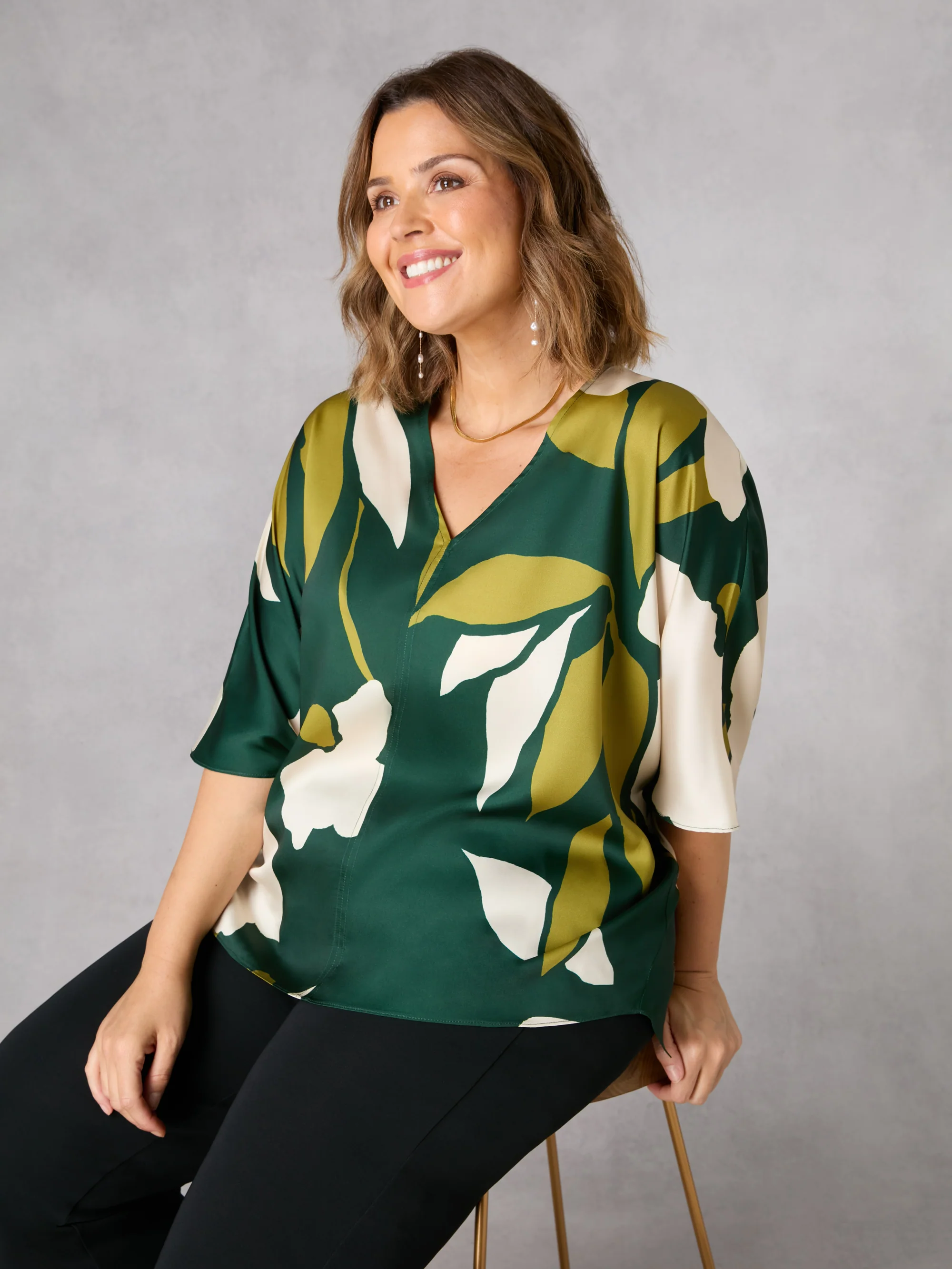 Green Floral V-Neck Batwing Top - Image 2