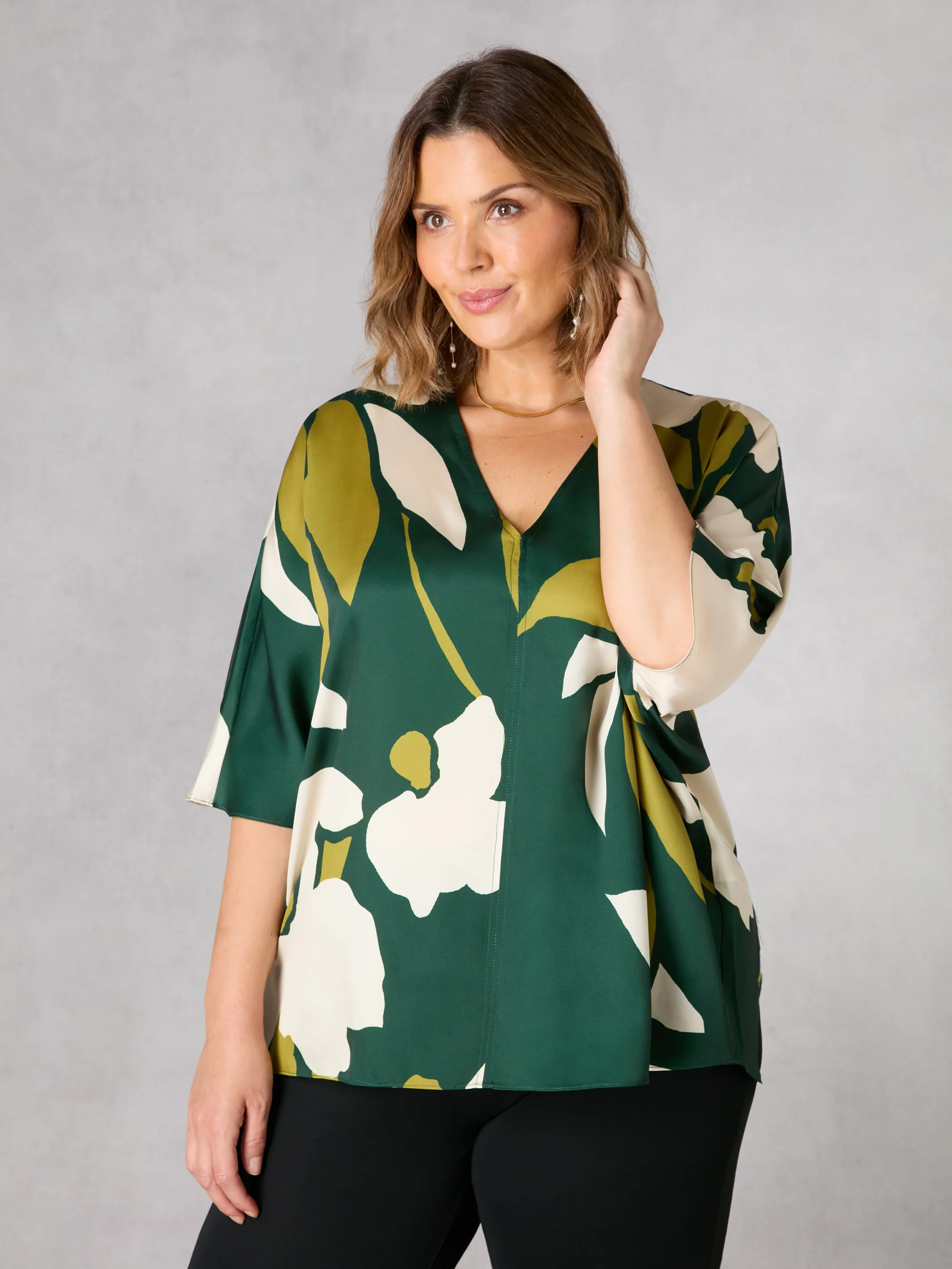 Green Floral V-Neck Batwing Top - Image 3