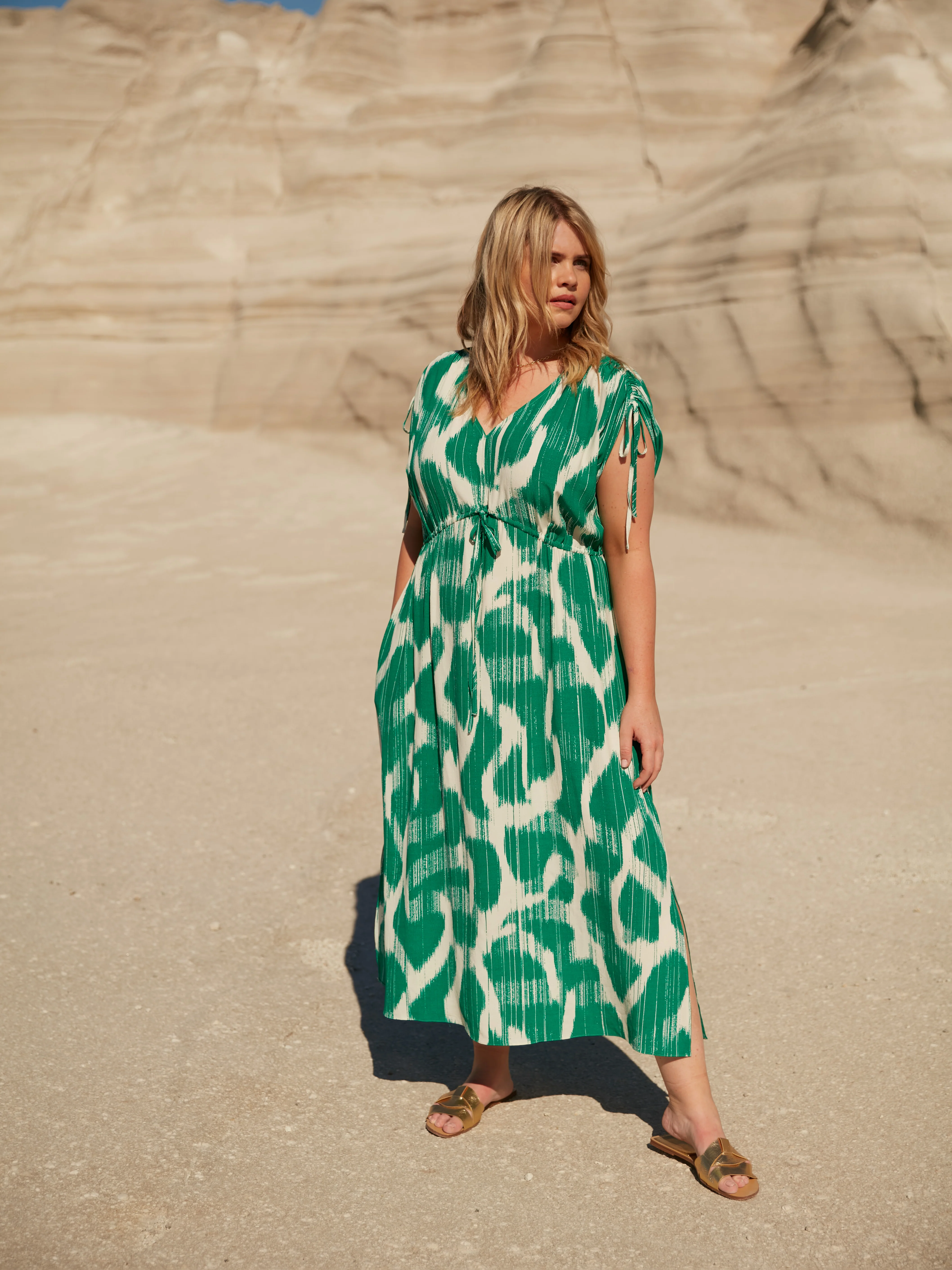 Green Geo Print Drawstring Maxi Dress - Image 2