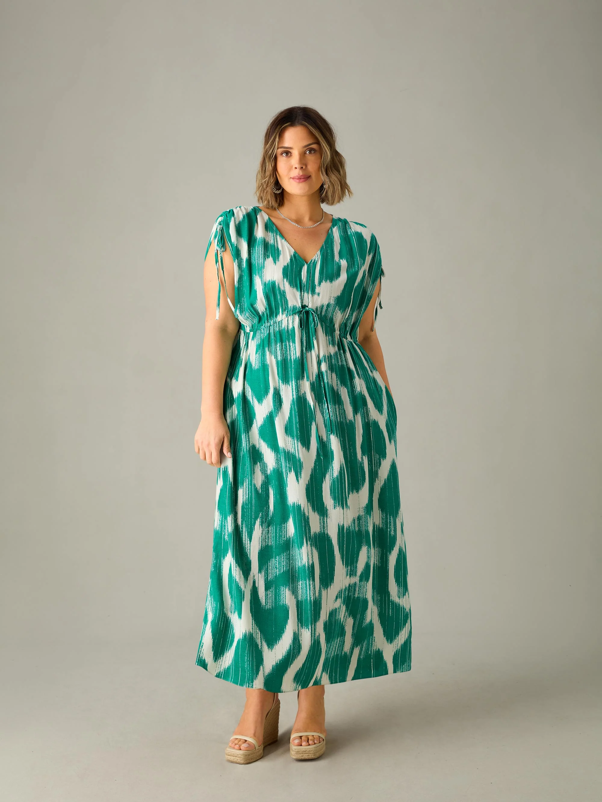 Green Geo Print Drawstring Maxi Dress - Image 3