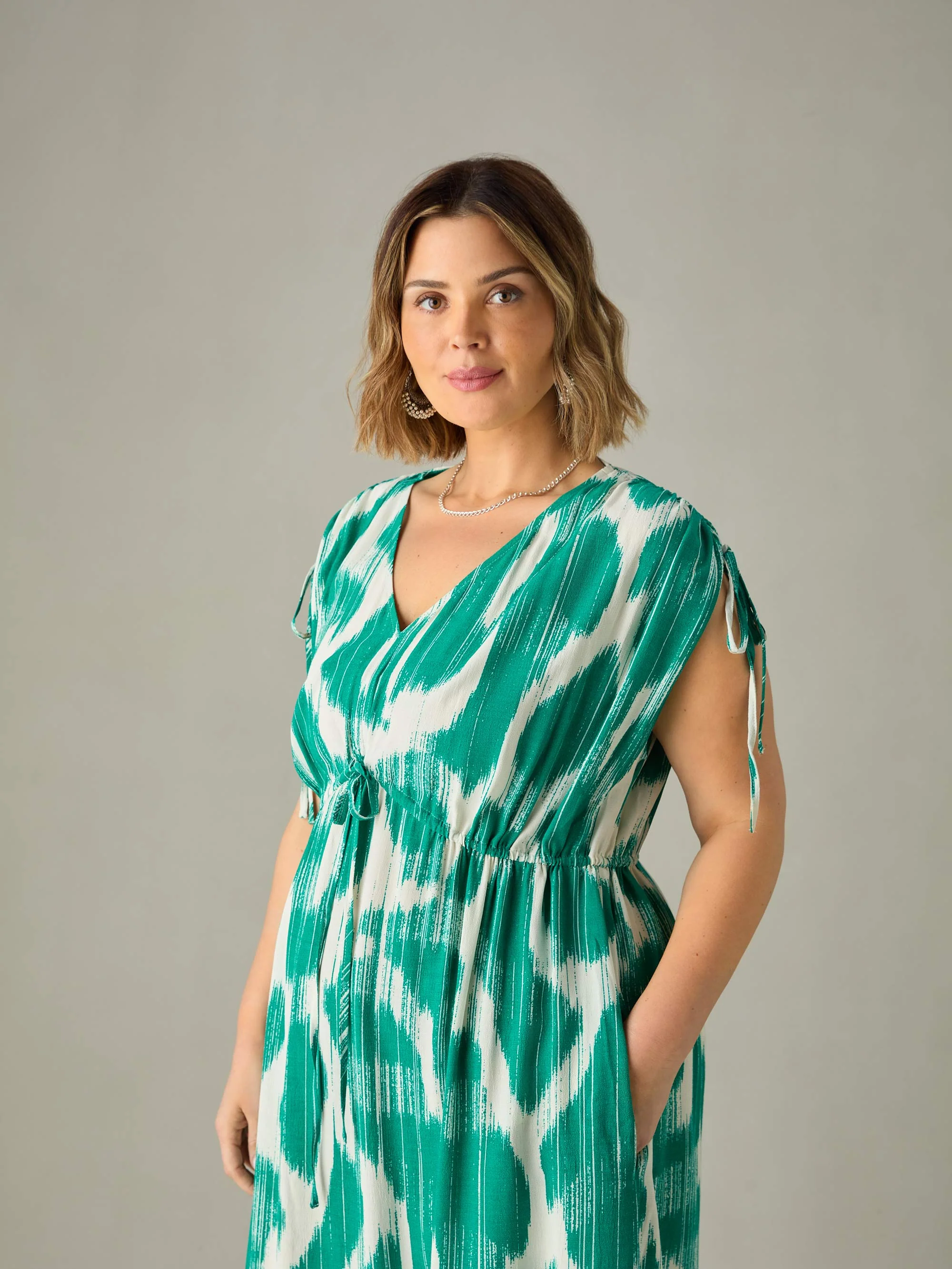 Green Geo Print Drawstring Maxi Dress - Image 6