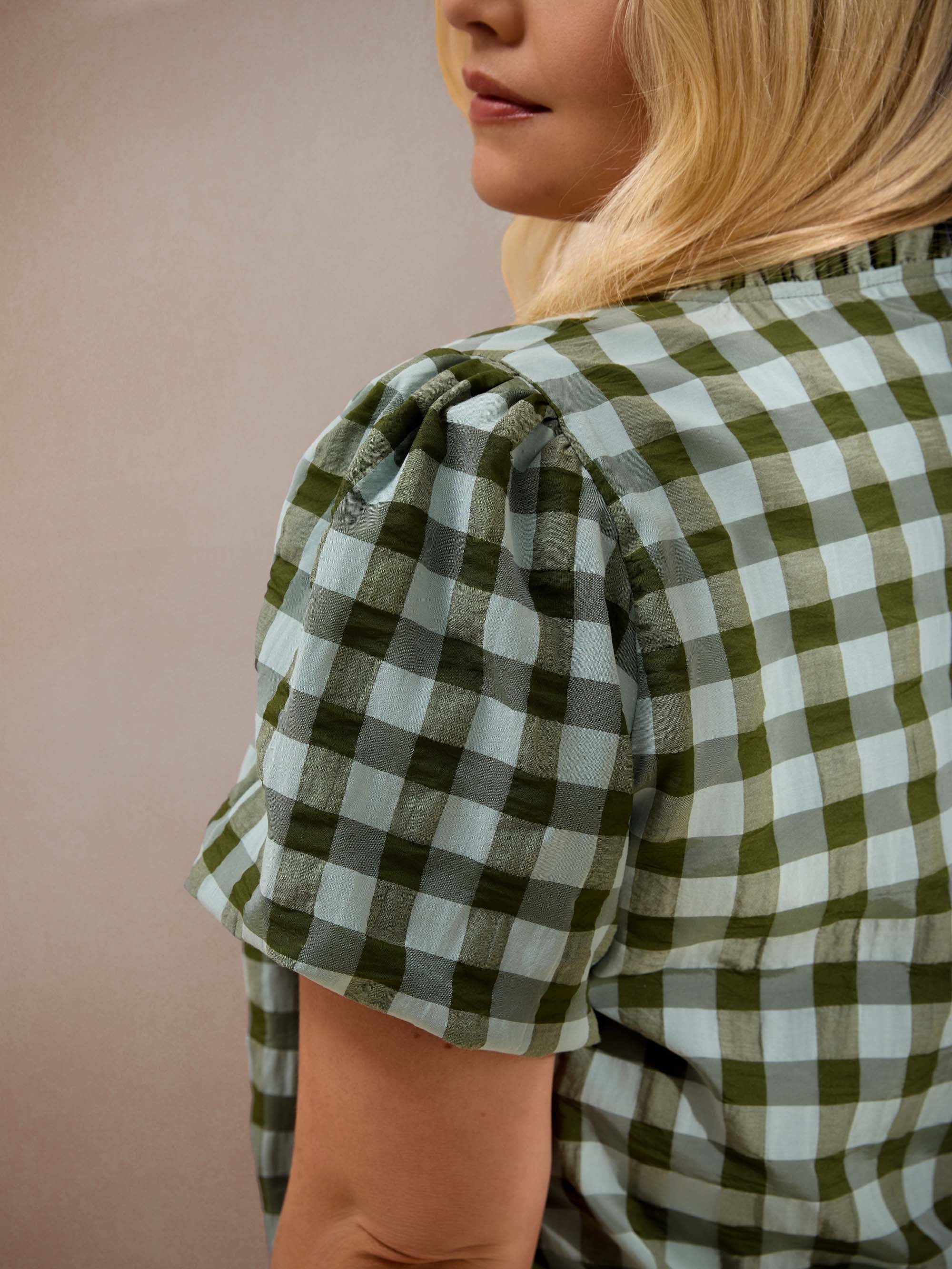 Green Gingham Button-Through Puff Sleeve Top - Image 3