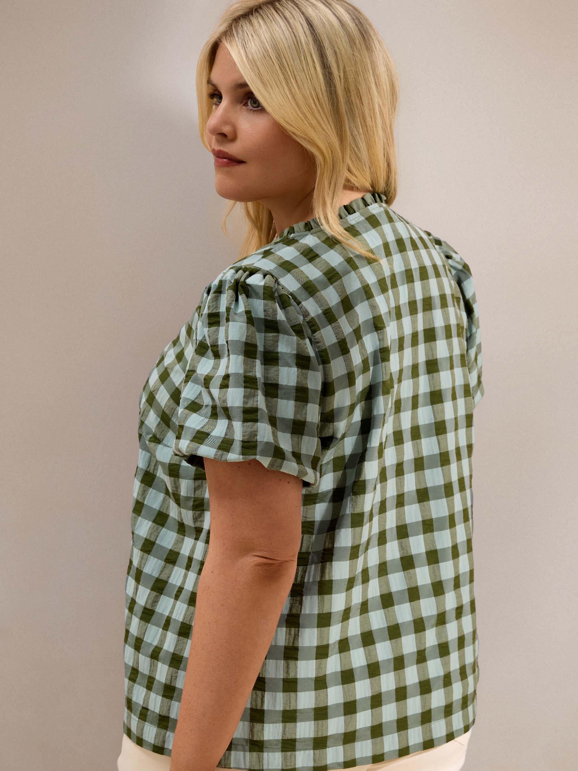 Green Gingham Button-Through Puff Sleeve Top - Image 4