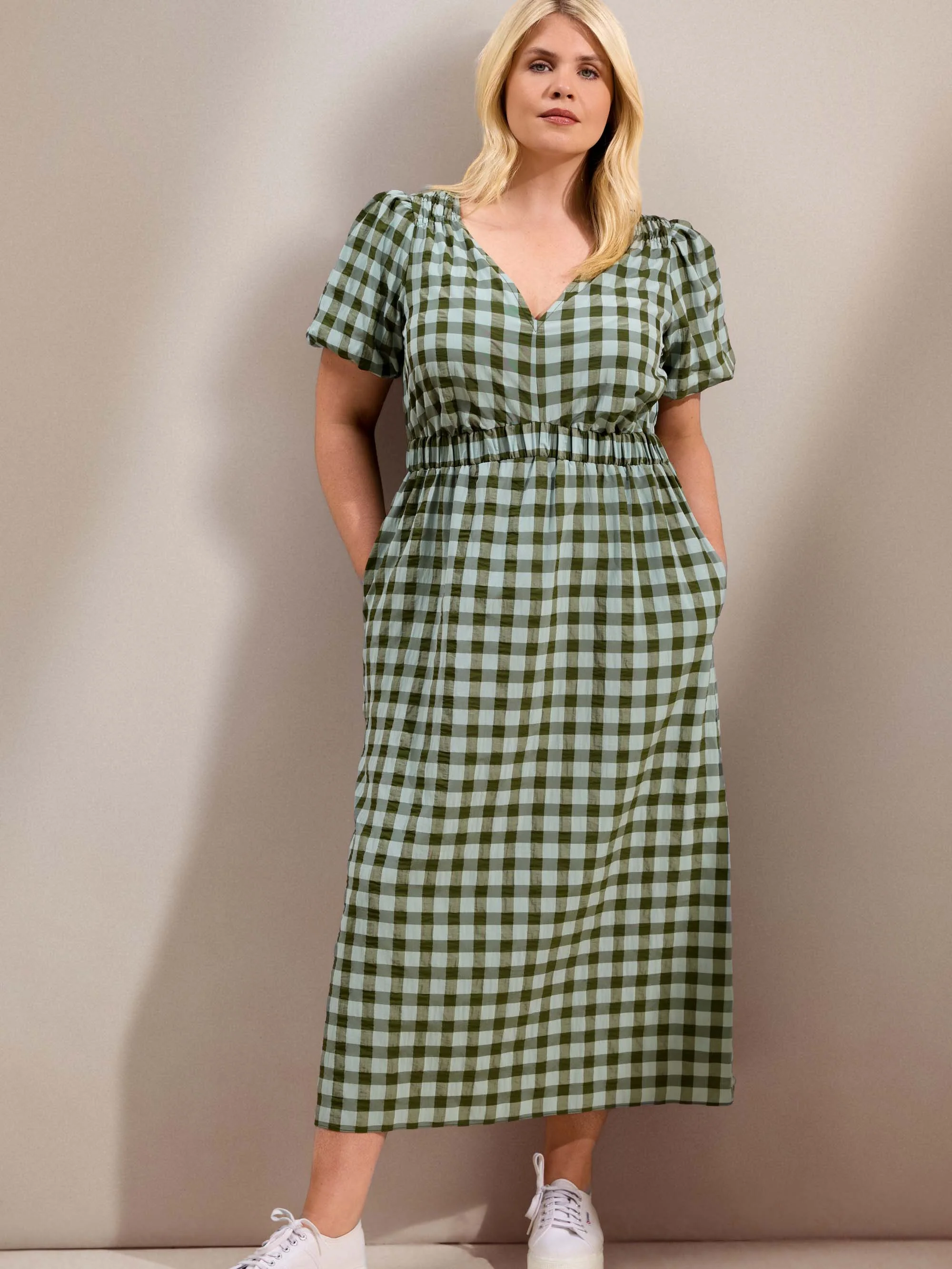 Green Gingham Puff Sleeve Midaxi Dress - Image 2
