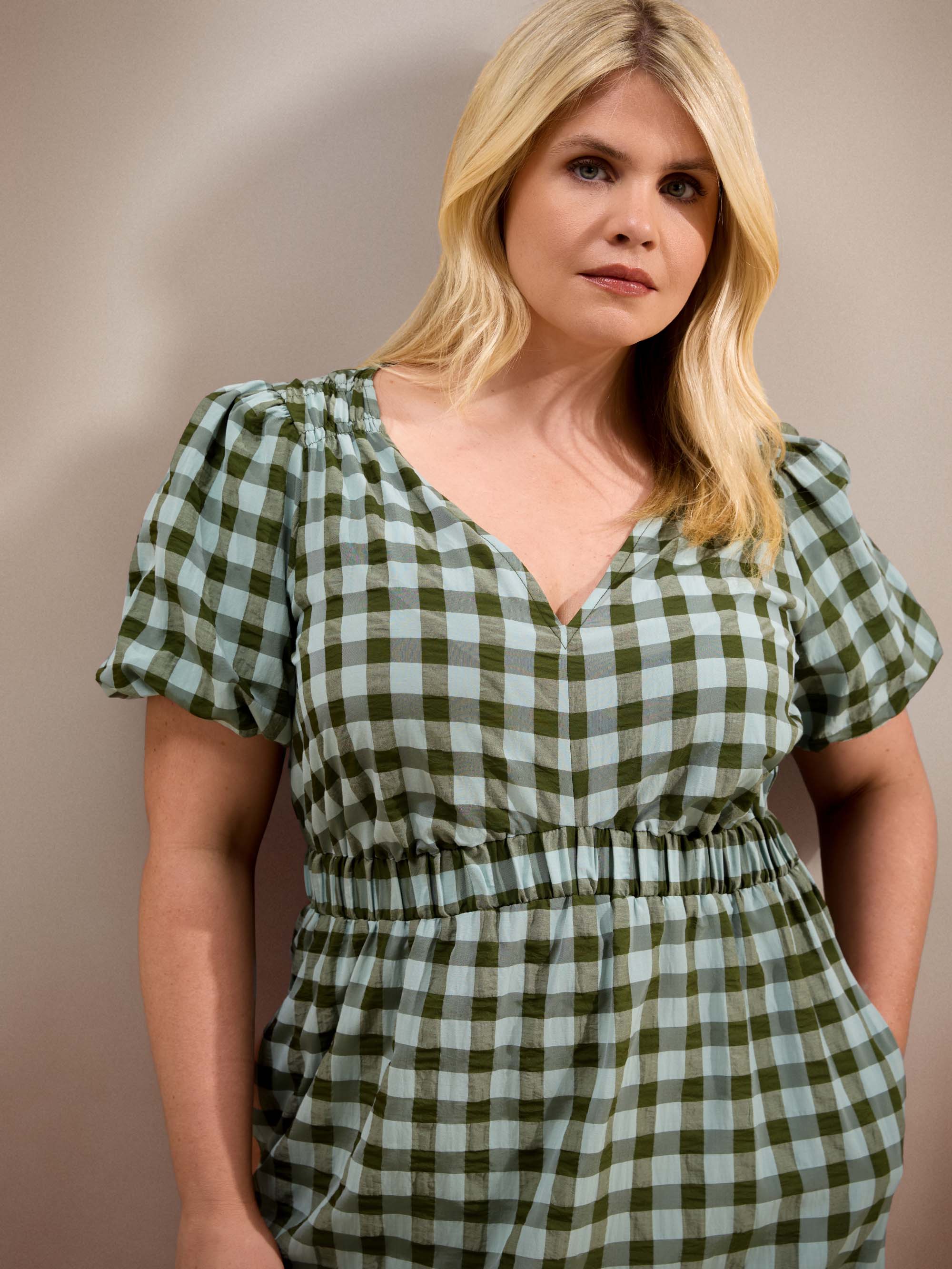 Green Gingham Puff Sleeve Midaxi Dress - Image 3