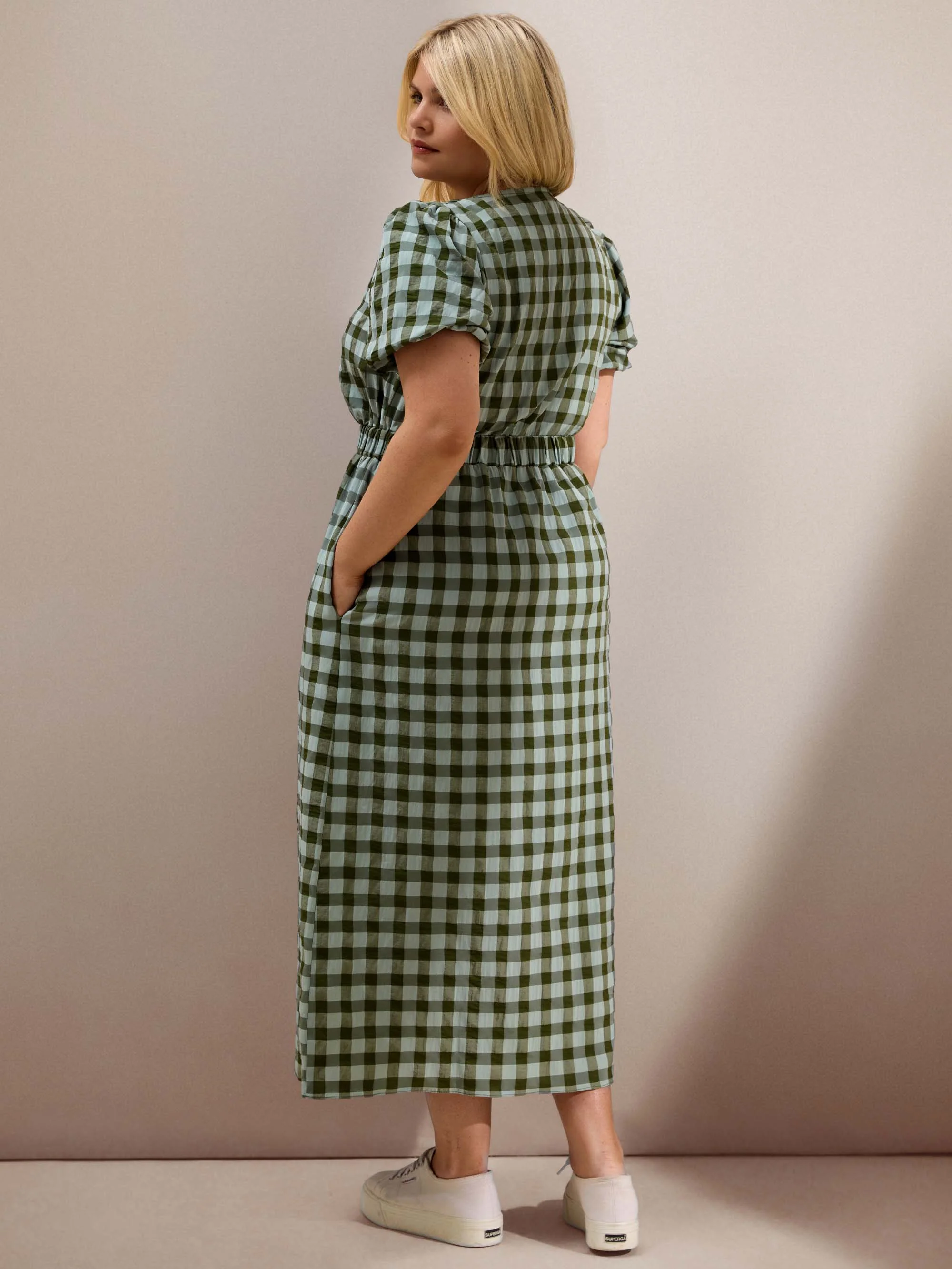 Green Gingham Puff Sleeve Midaxi Dress - Image 5