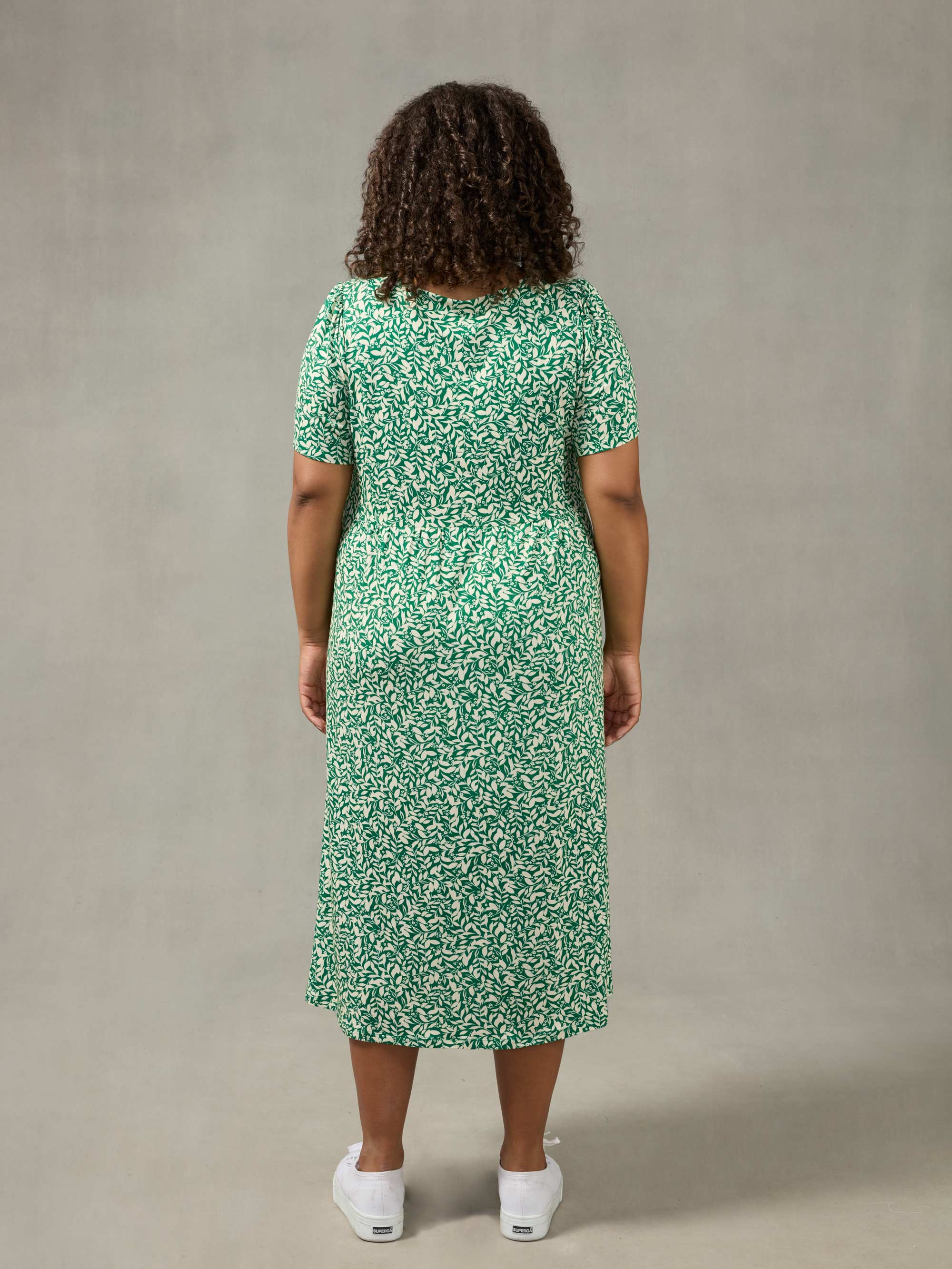 Green Leaf Print Empire Line Midi Dress - Image 3
