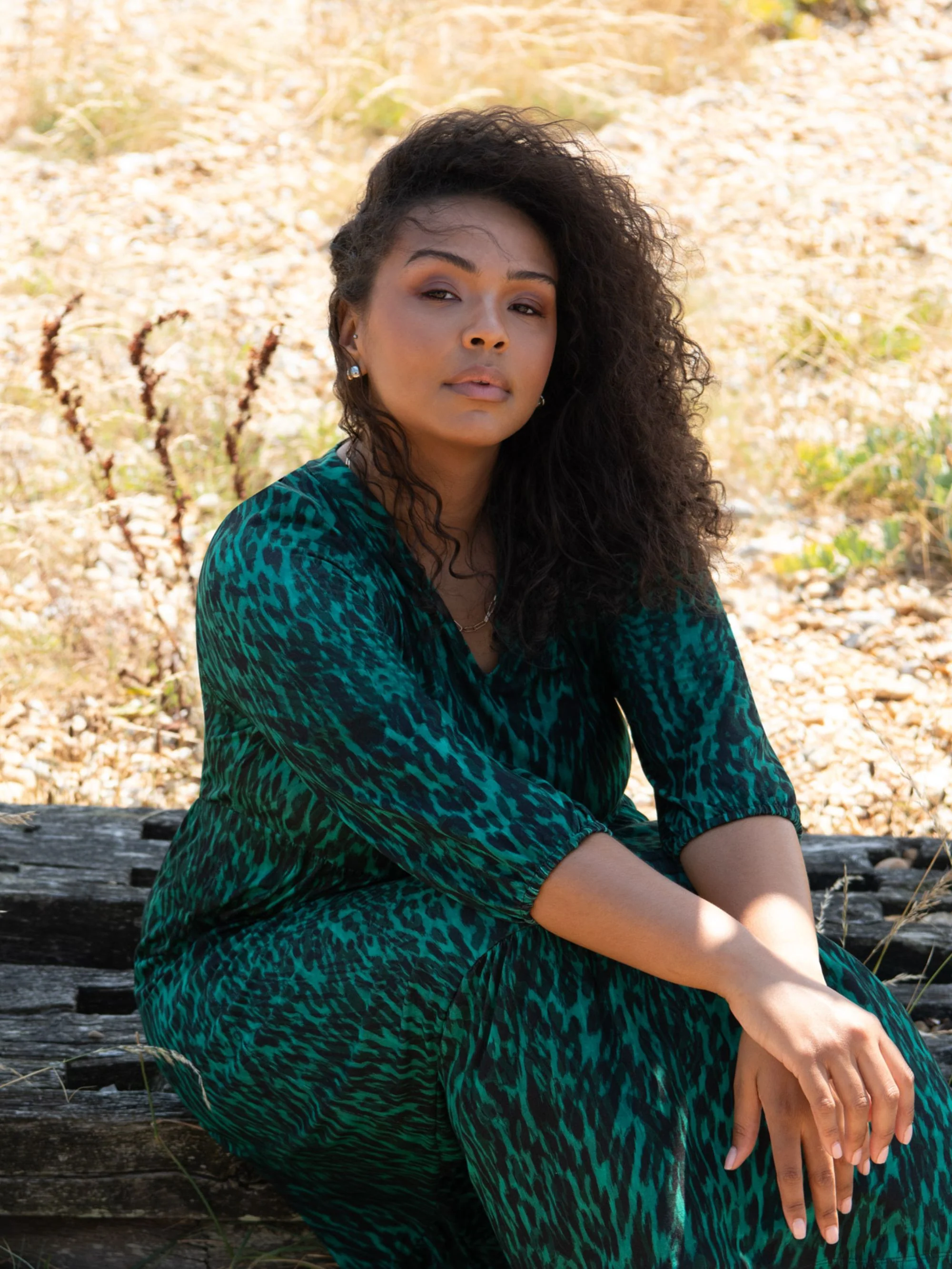 Green Leopard Jersey Nehru Collar Midi Dress - Image 2