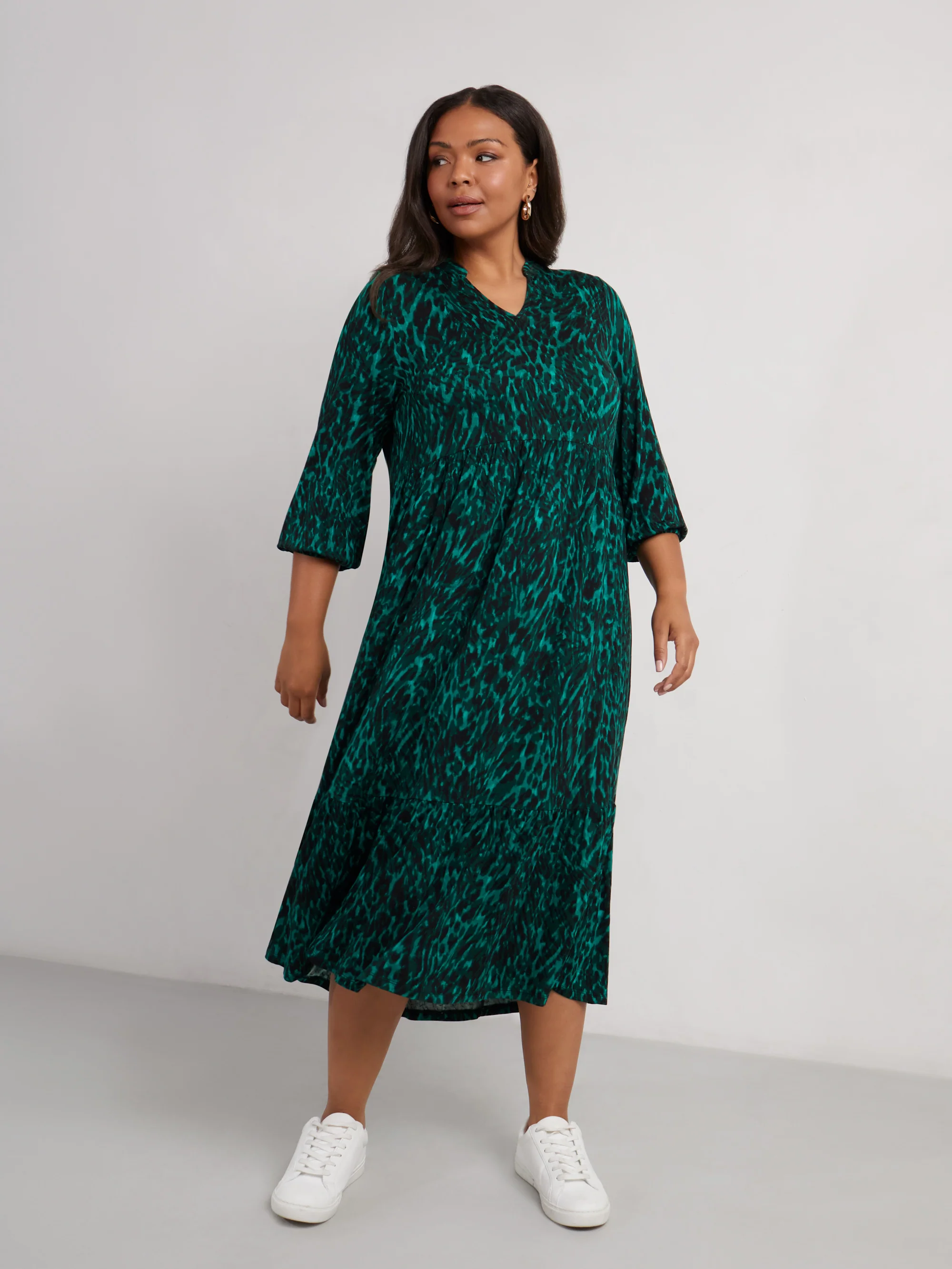 Green Leopard Jersey Nehru Collar Midi Dress - Image 3