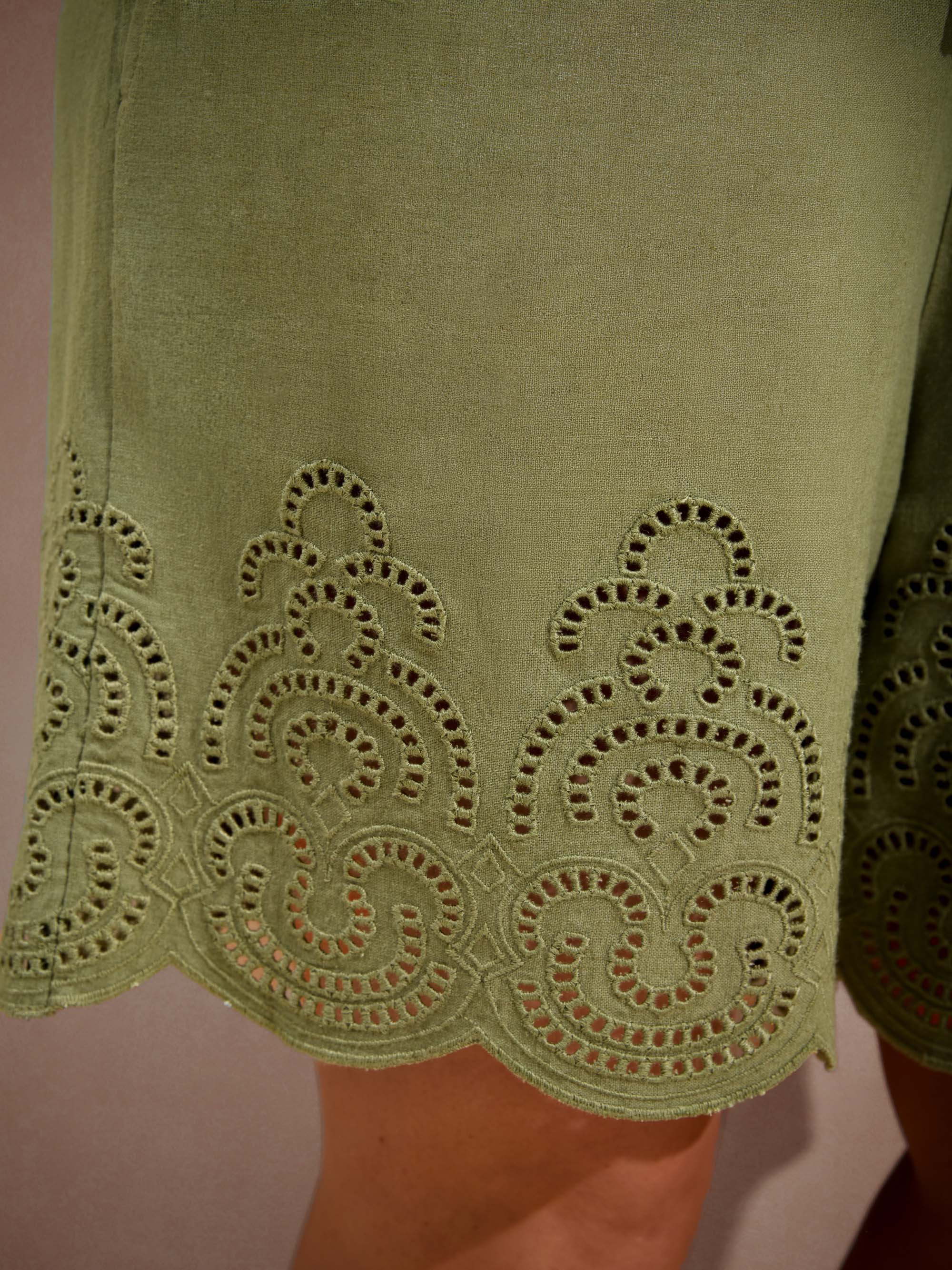 Green Linen Blend Broderie Shorts - Image 2