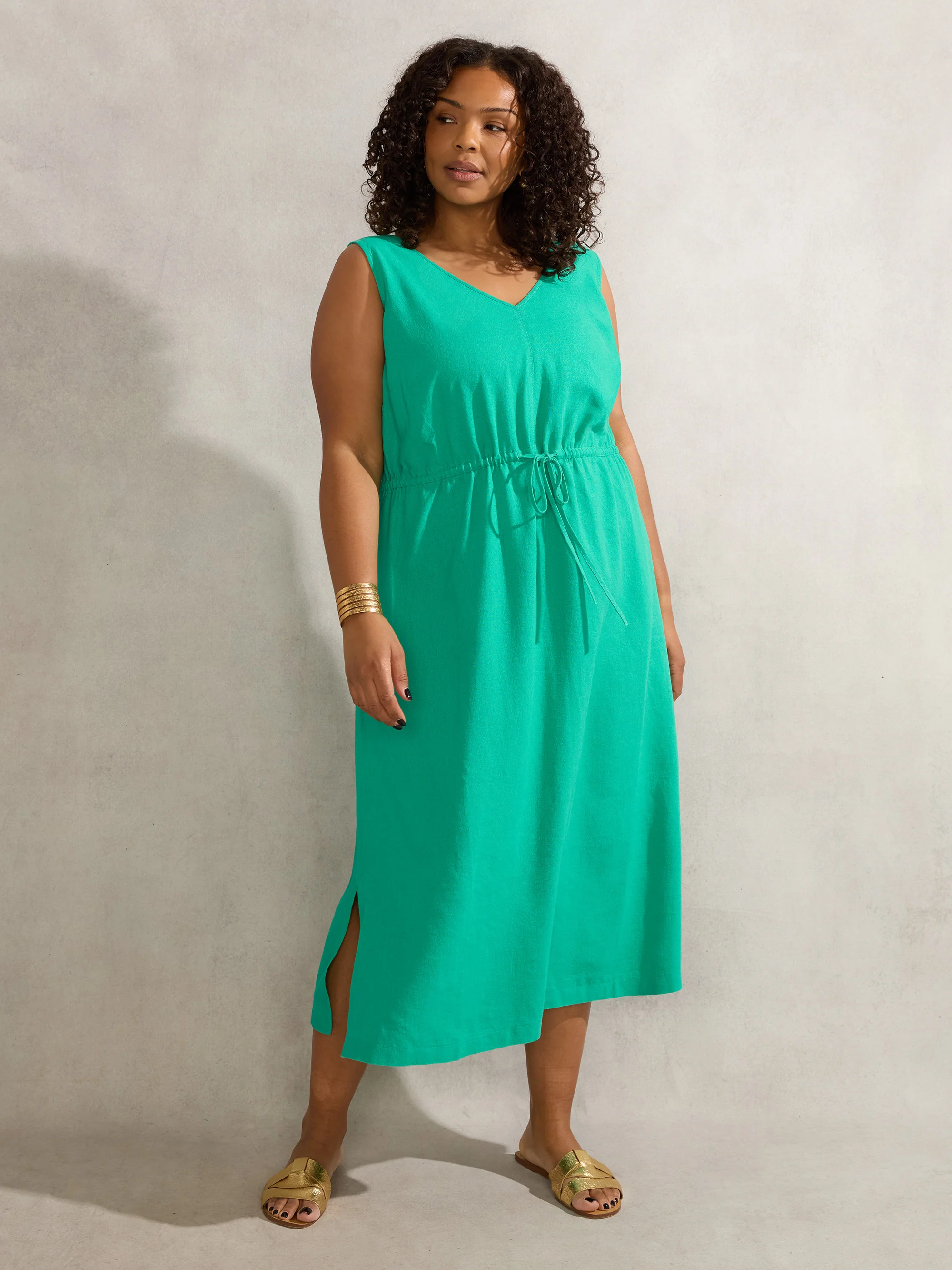Green Linen Blend Drawstring Dress - Image 2