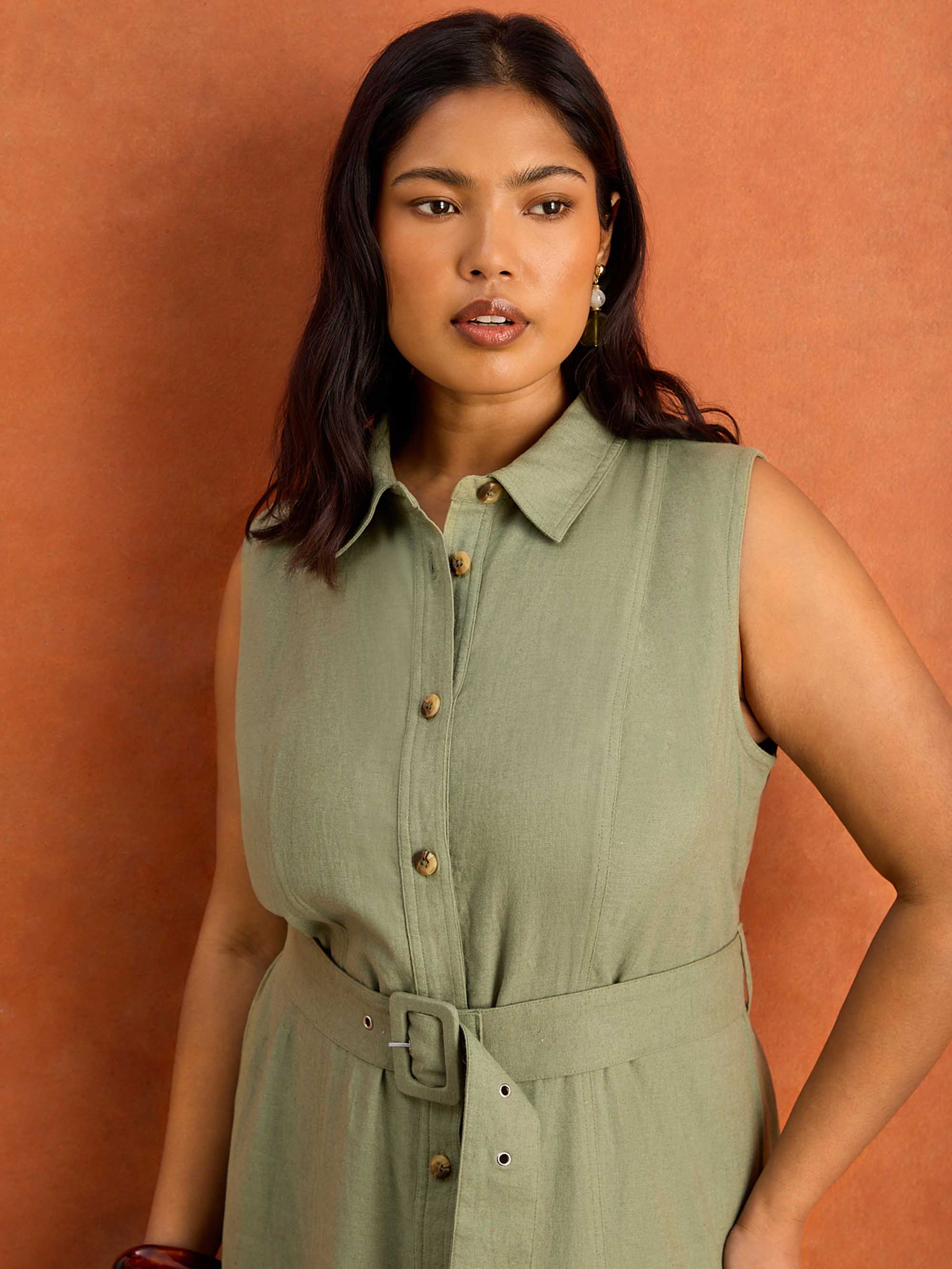Green Linen Blend Midaxi Shirt Dress - Image 2