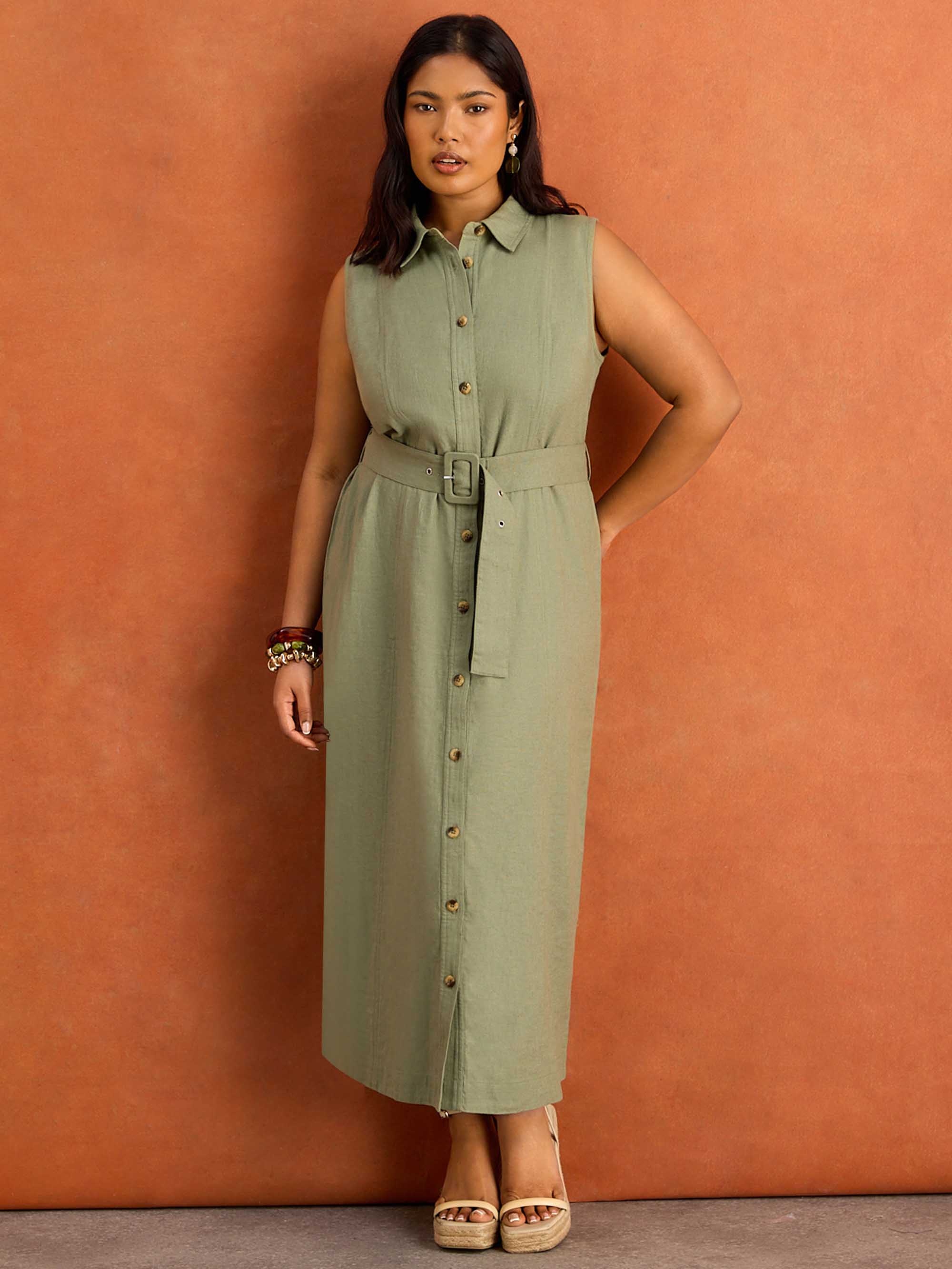 Green Linen Blend Midaxi Shirt Dress - Image 3