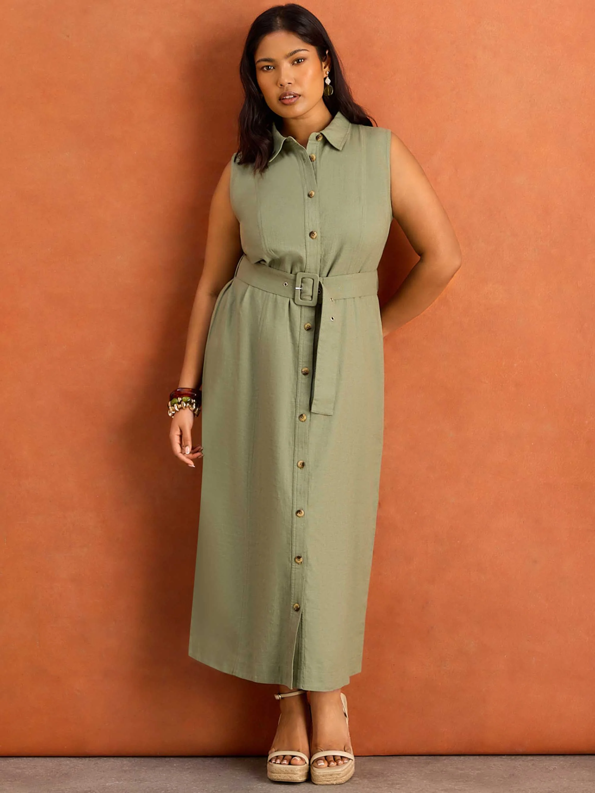 Green Linen Blend Midaxi Shirt Dress - Image 4