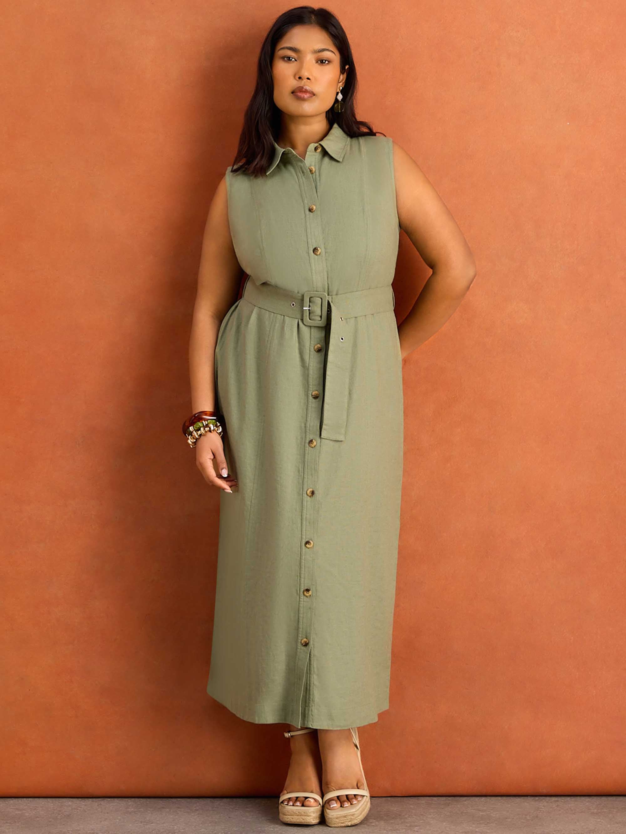 Green Linen Blend Midaxi Shirt Dress - Image 5