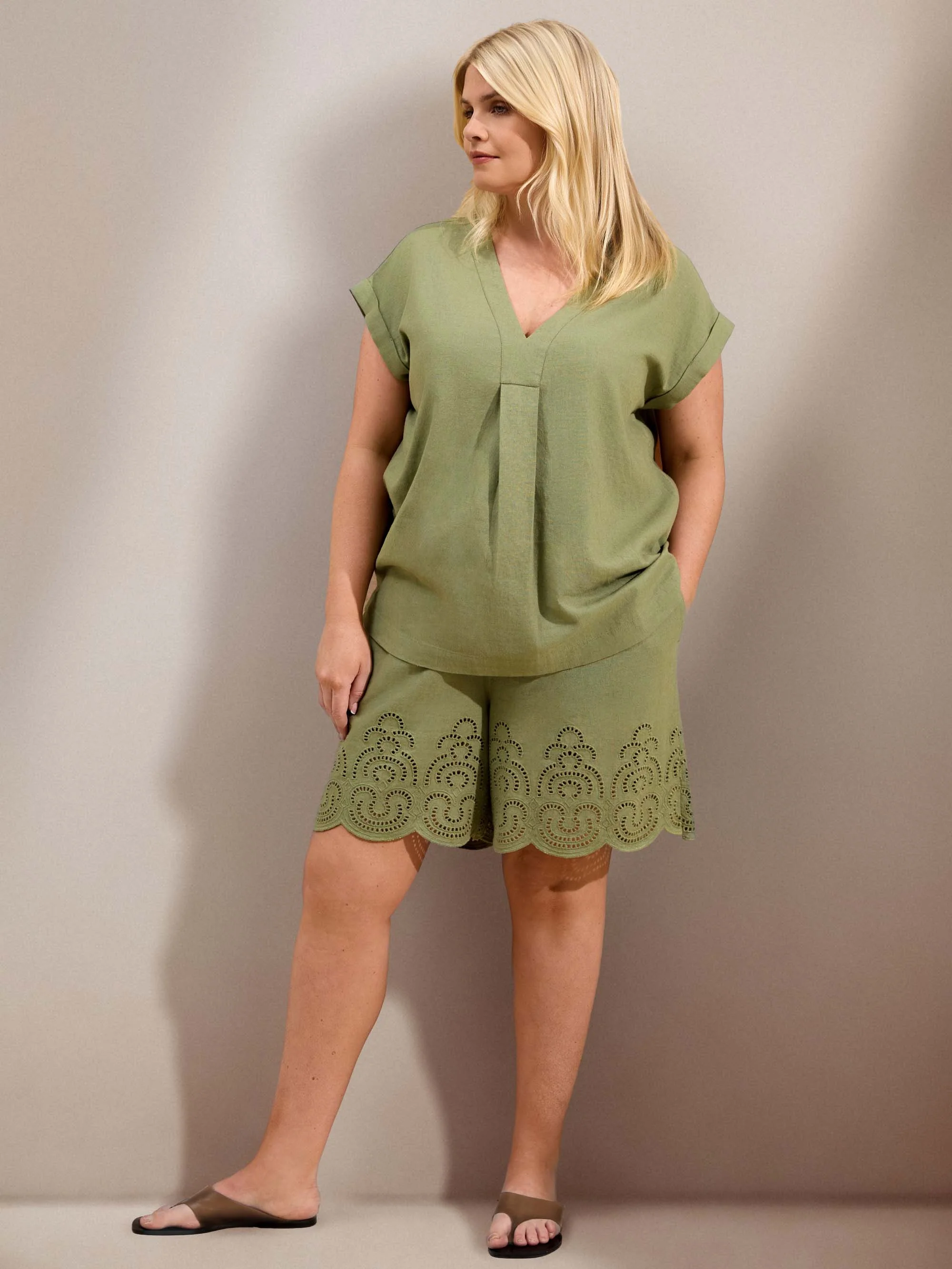 Green Linen Blend V-Neck Top - Image 2