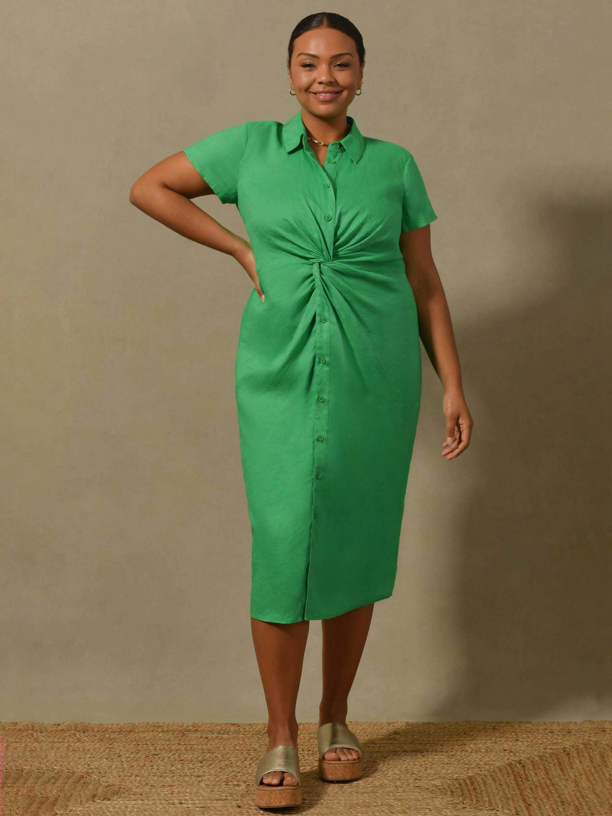 Green Linen Knot Midi Dress - Image 3