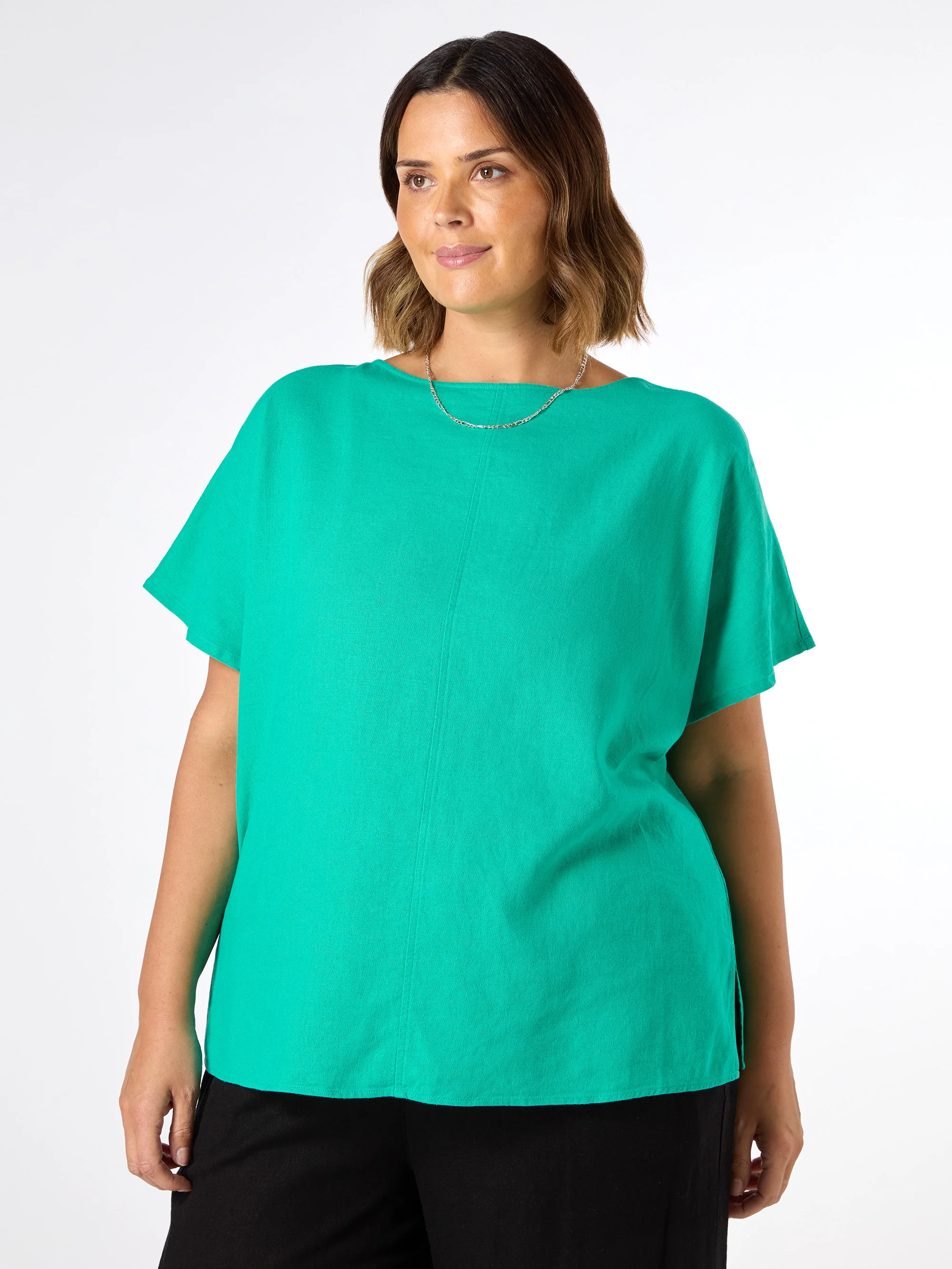 Green Linen Blend Seamed Detail Top