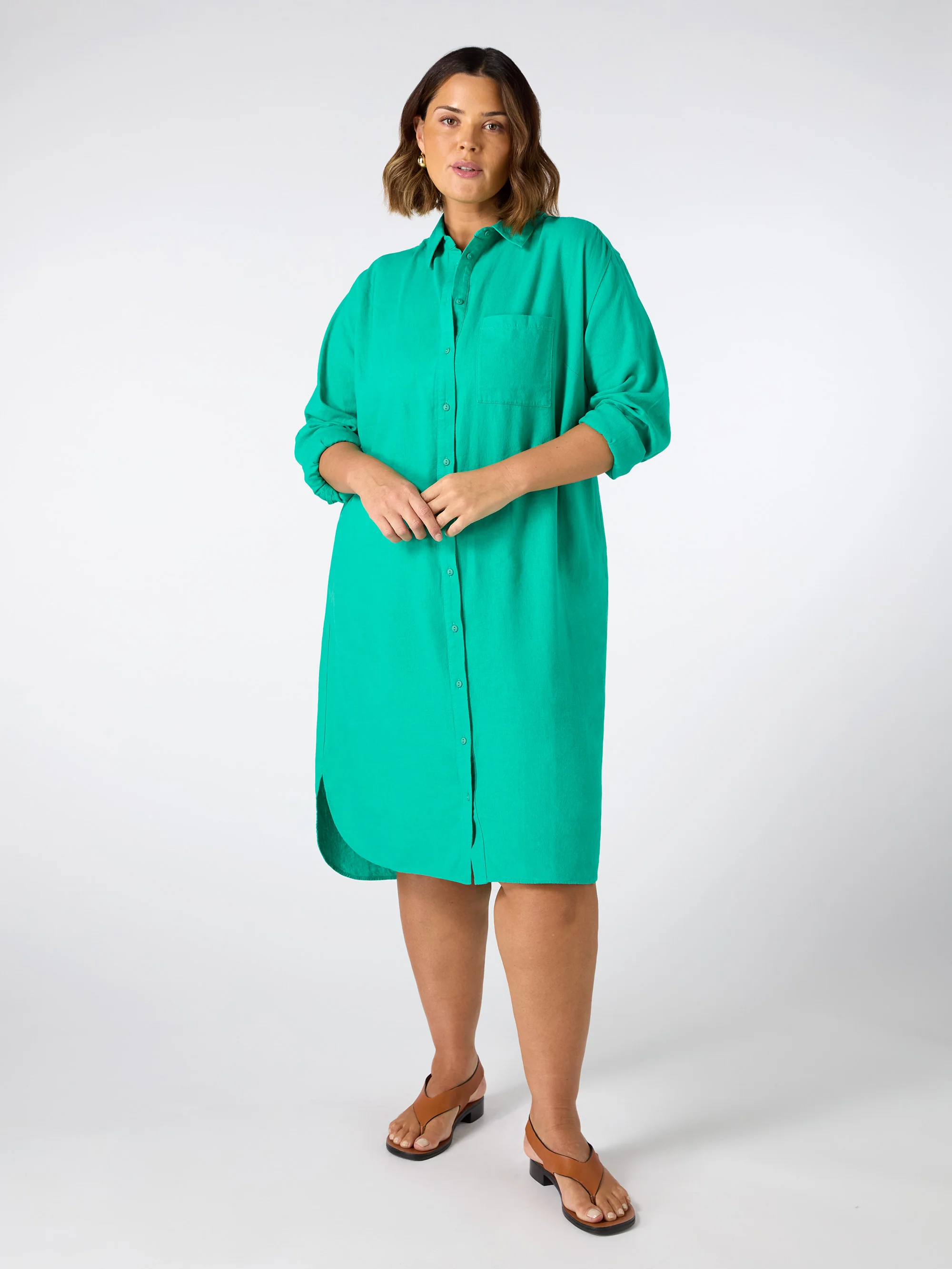 Green Linen Blend Shirt Dress - Image 2