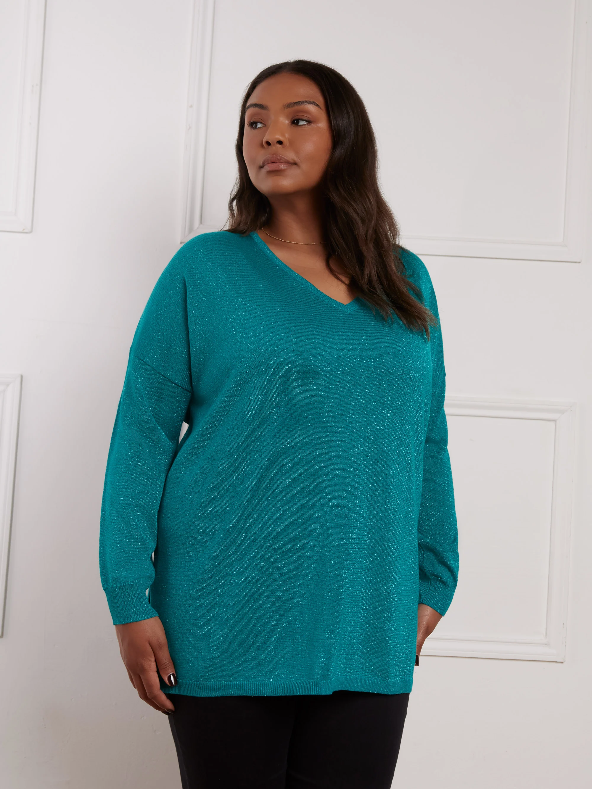 Green Metallic V-Neck Jumper - Image 2