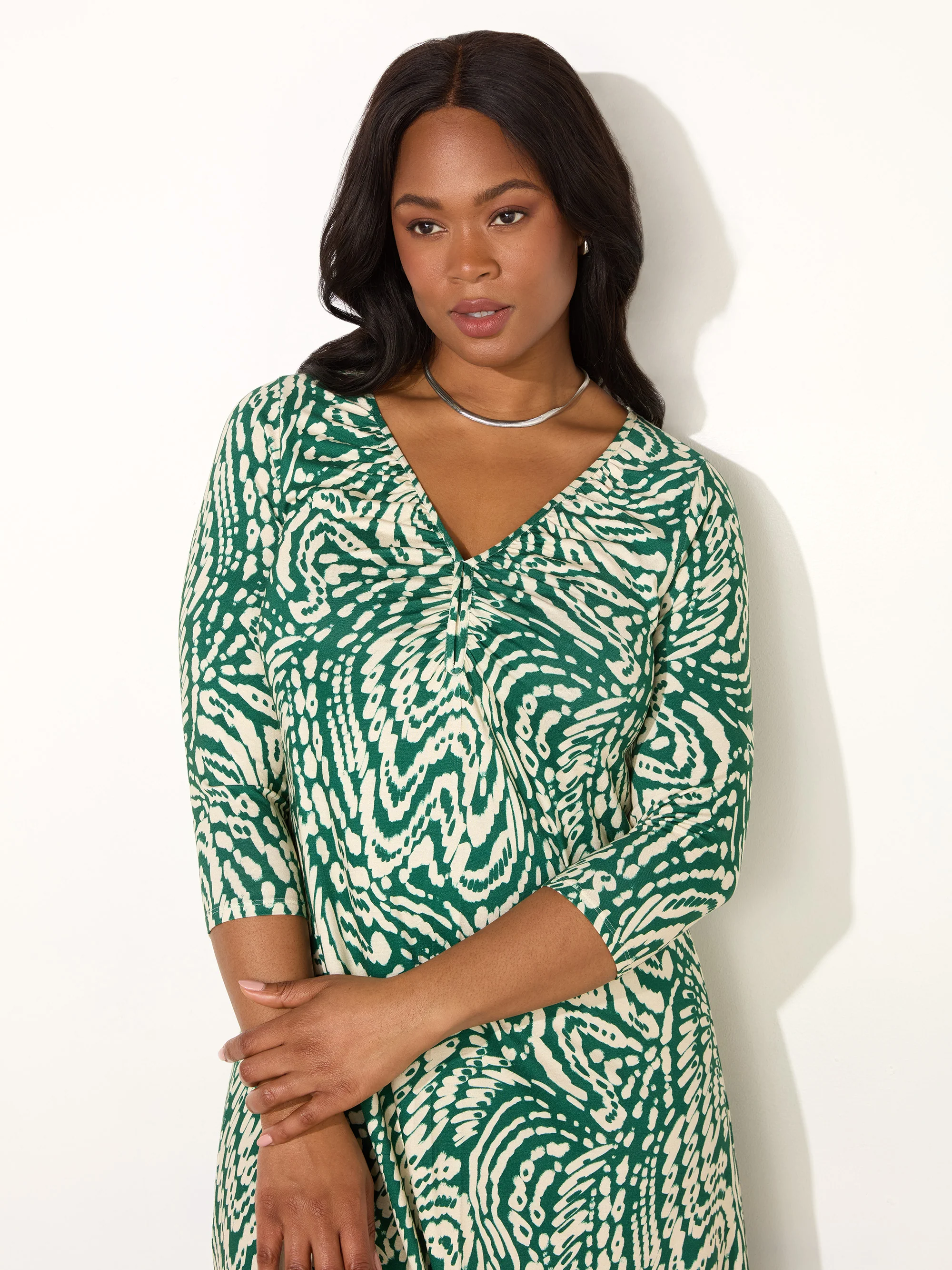Green Mono Print Jersey Ruched Front Dress - Image 4
