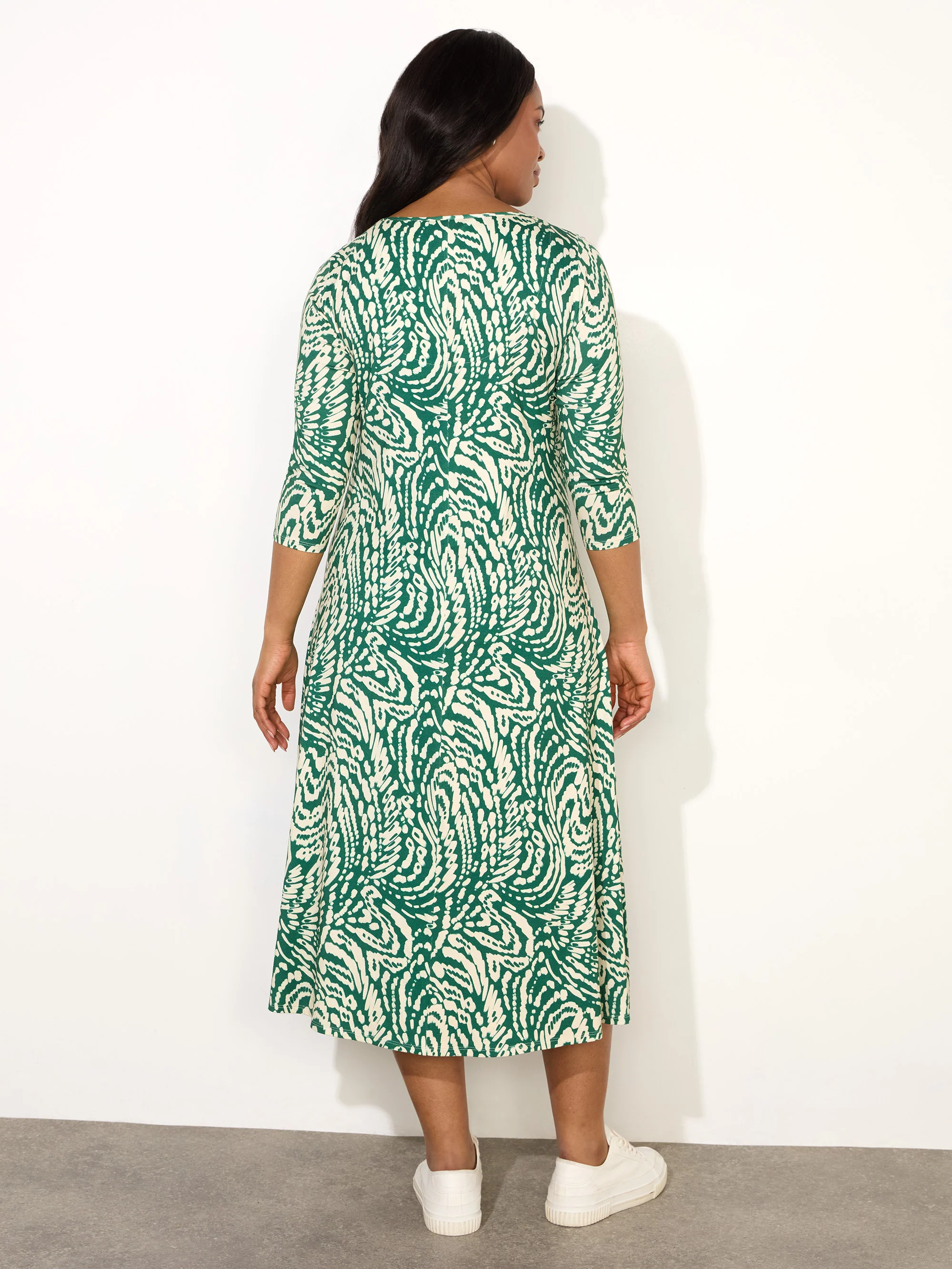 Green Mono Print Jersey Ruched Front Dress - Image 6