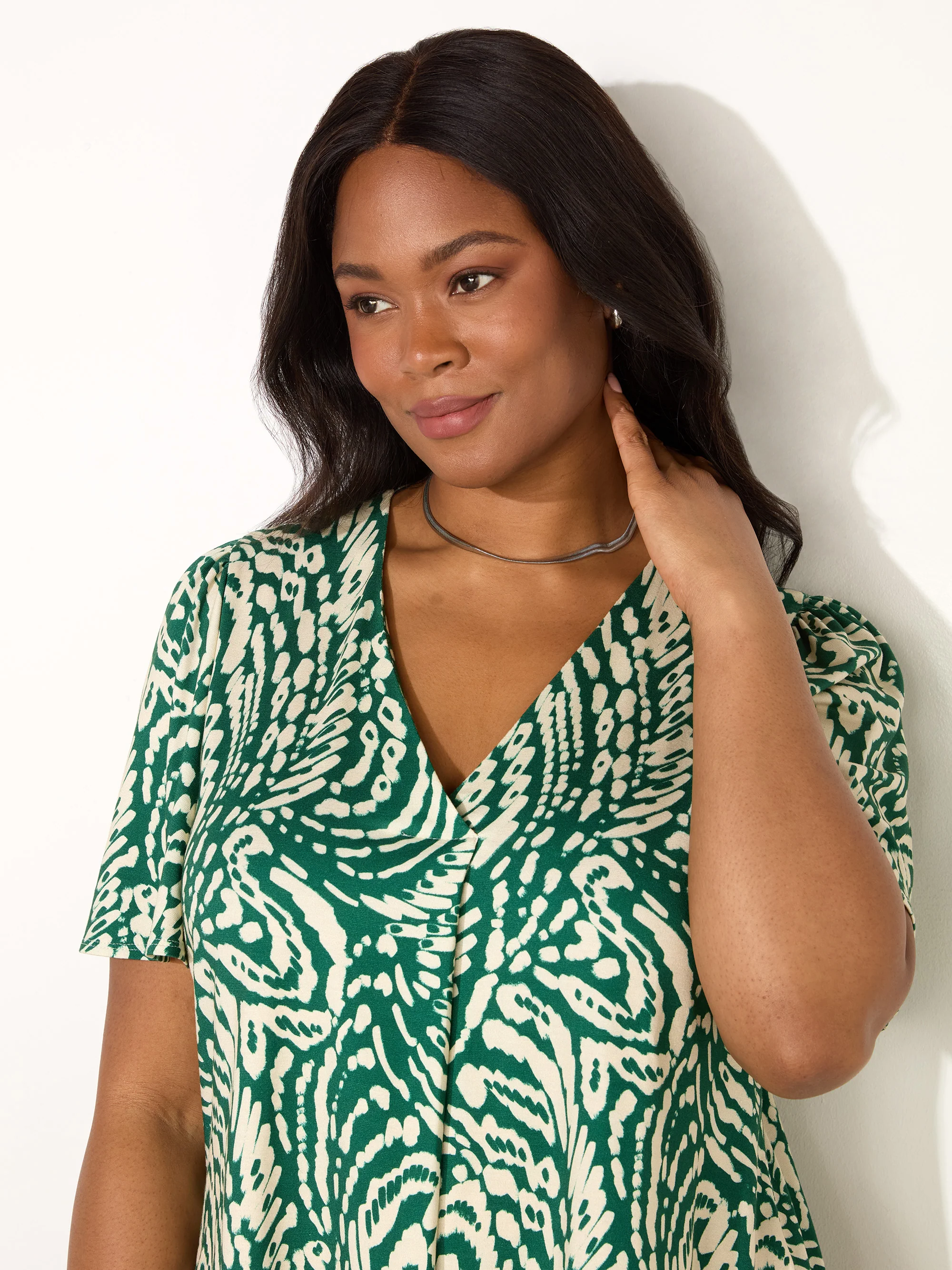 Green Mono Print Pleat Front Flutter Sleeve Top - Image 2