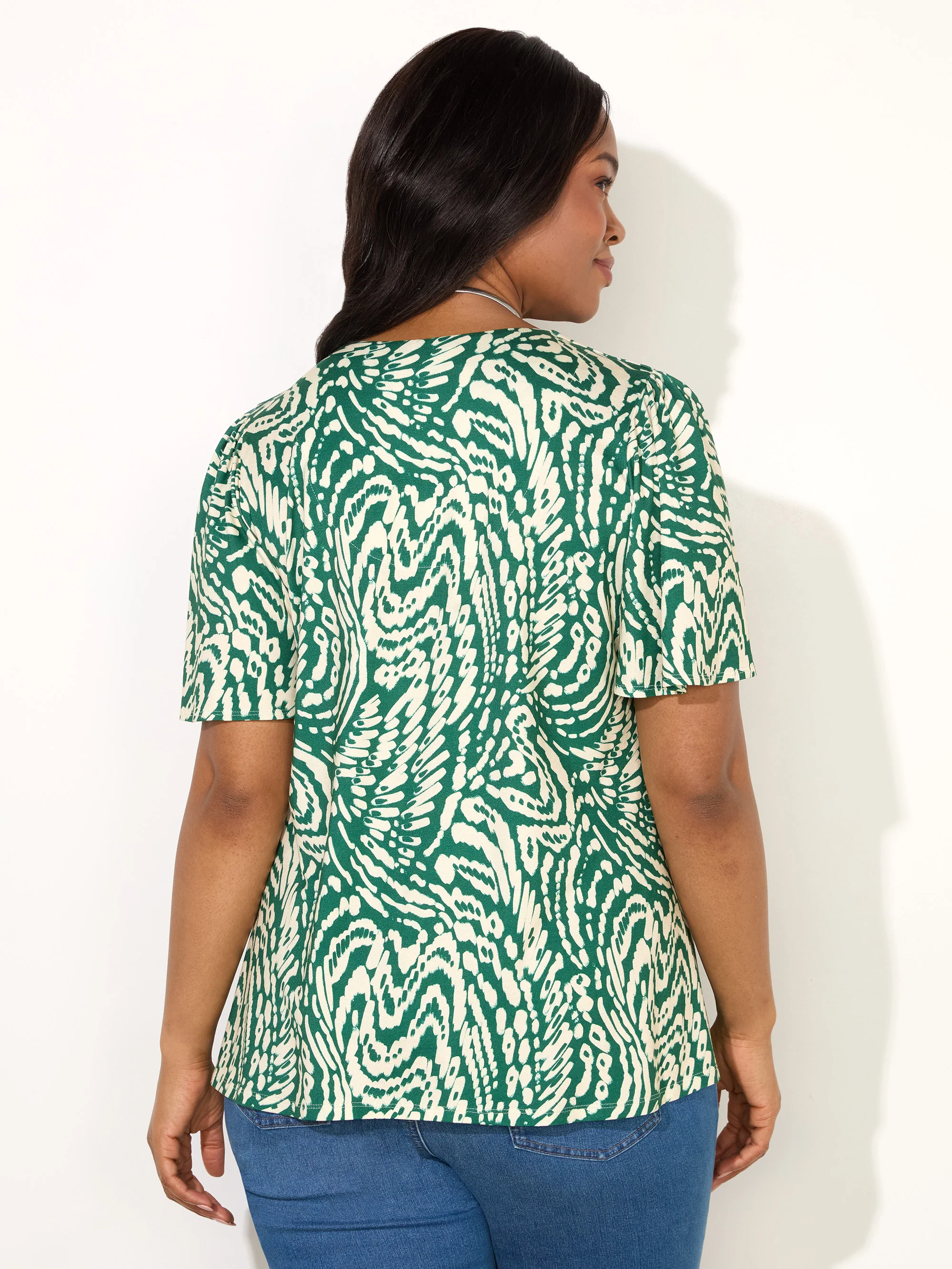 Green Mono Print Pleat Front Flutter Sleeve Top - Image 3