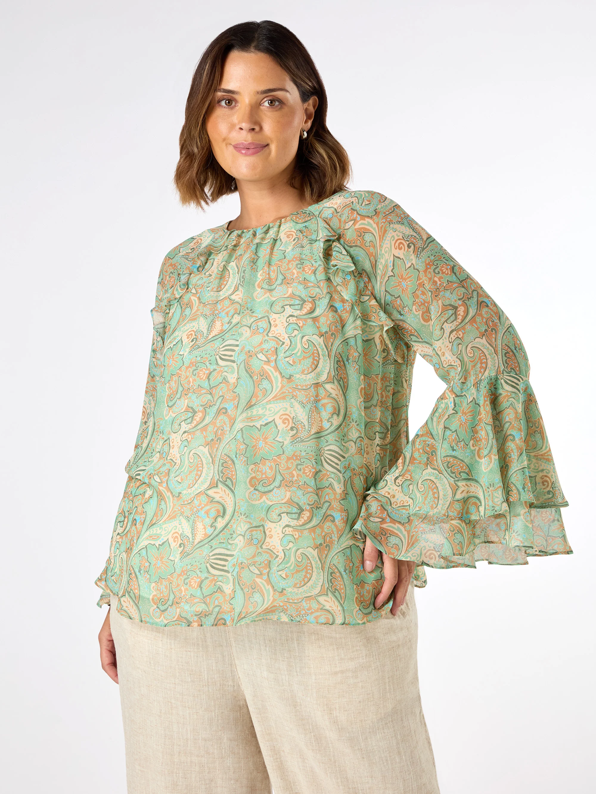 Green Multi Paisley Print Frill Blouse - Image 3