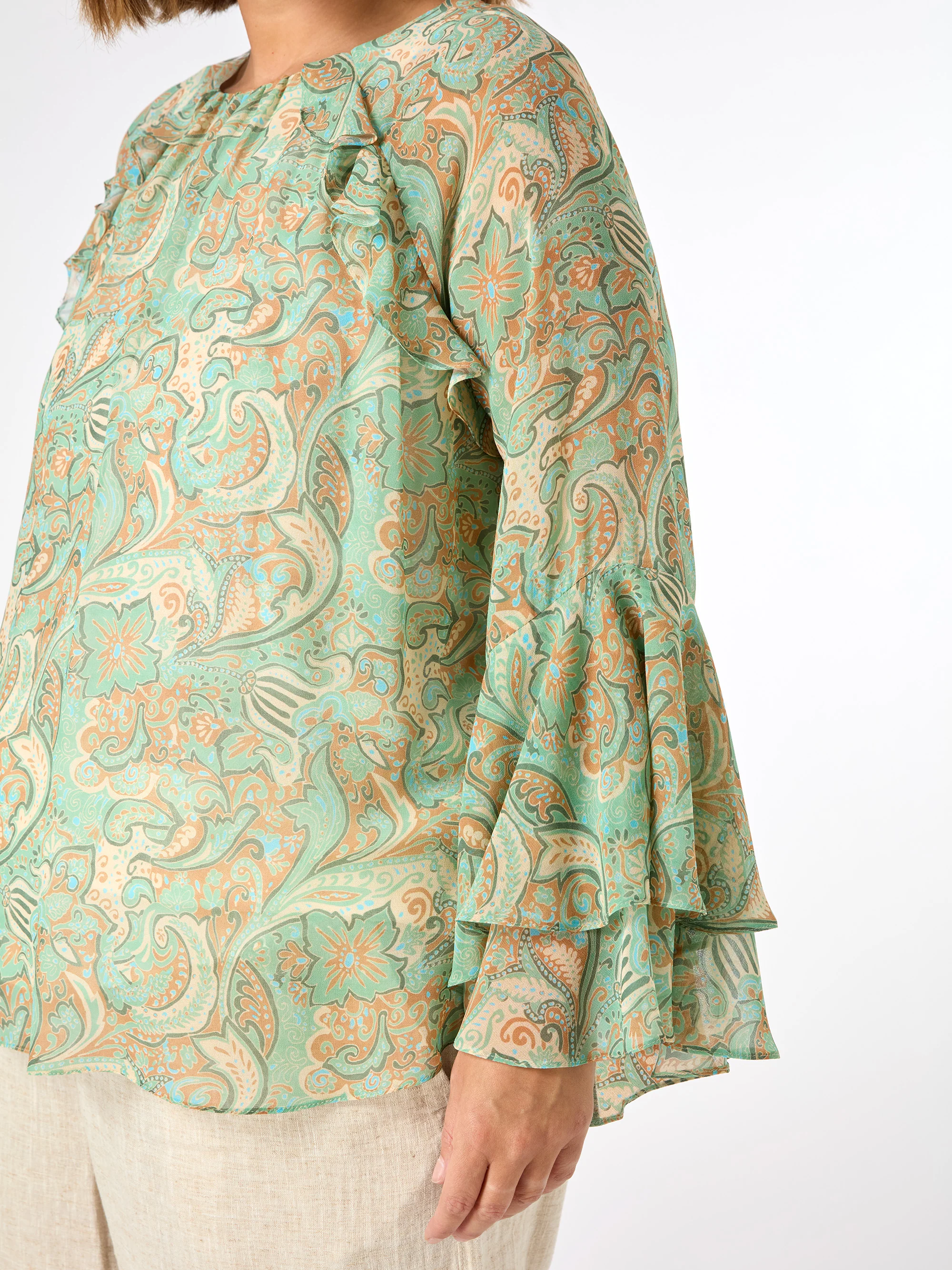 Green Multi Paisley Print Frill Blouse - Image 4