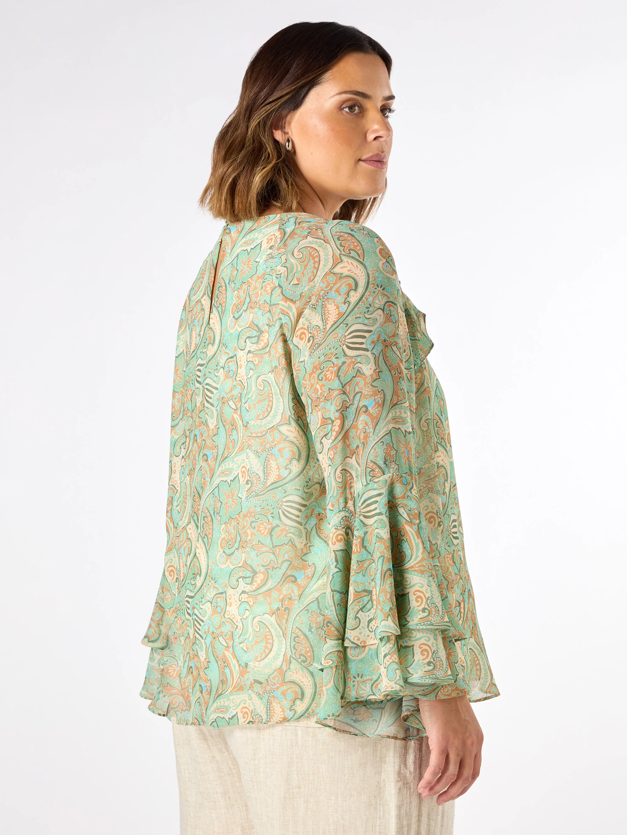 Green Multi Paisley Print Frill Blouse - Image 5