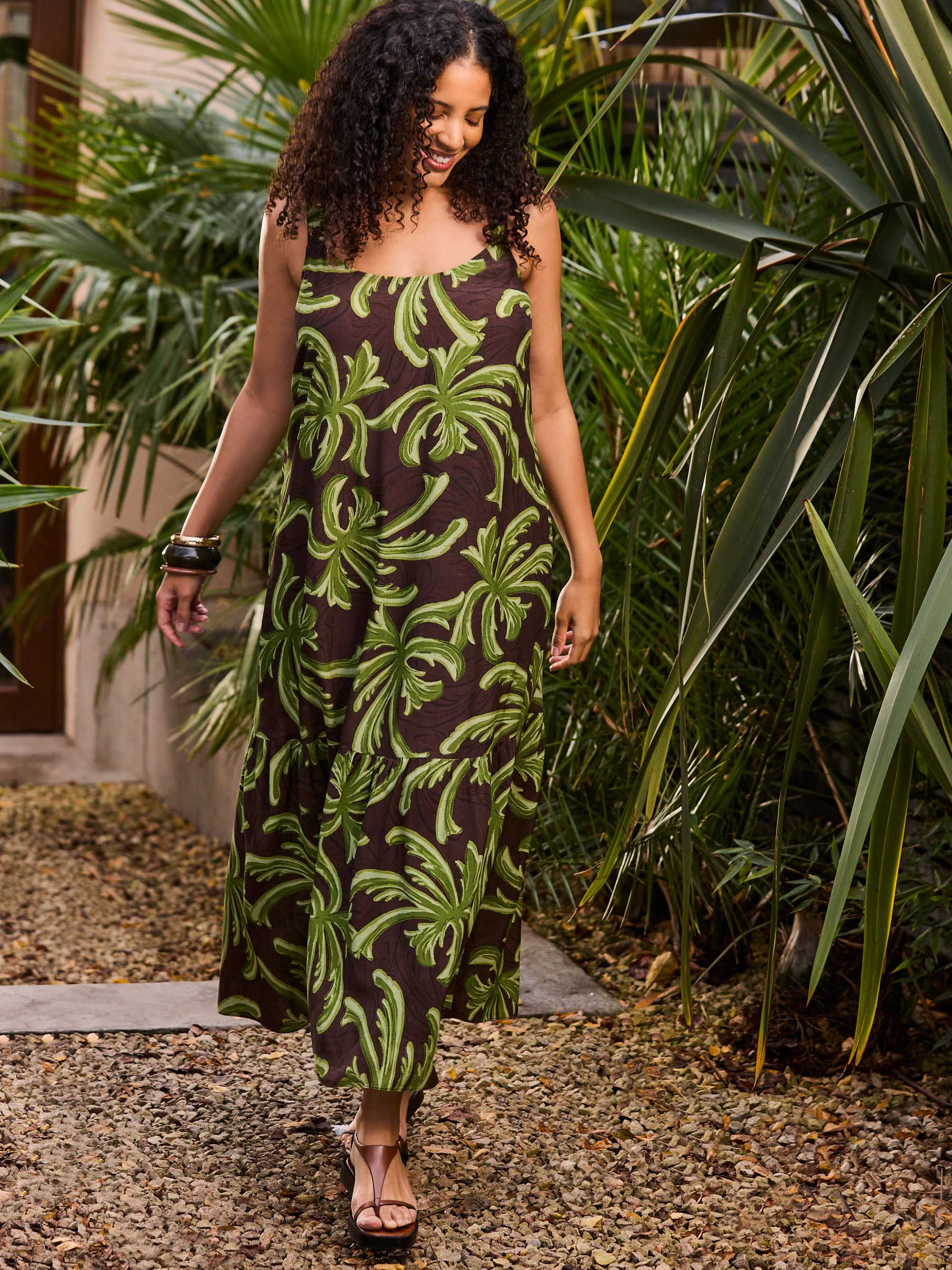 Green Palm Print Drop Tier Dress - Image 4
